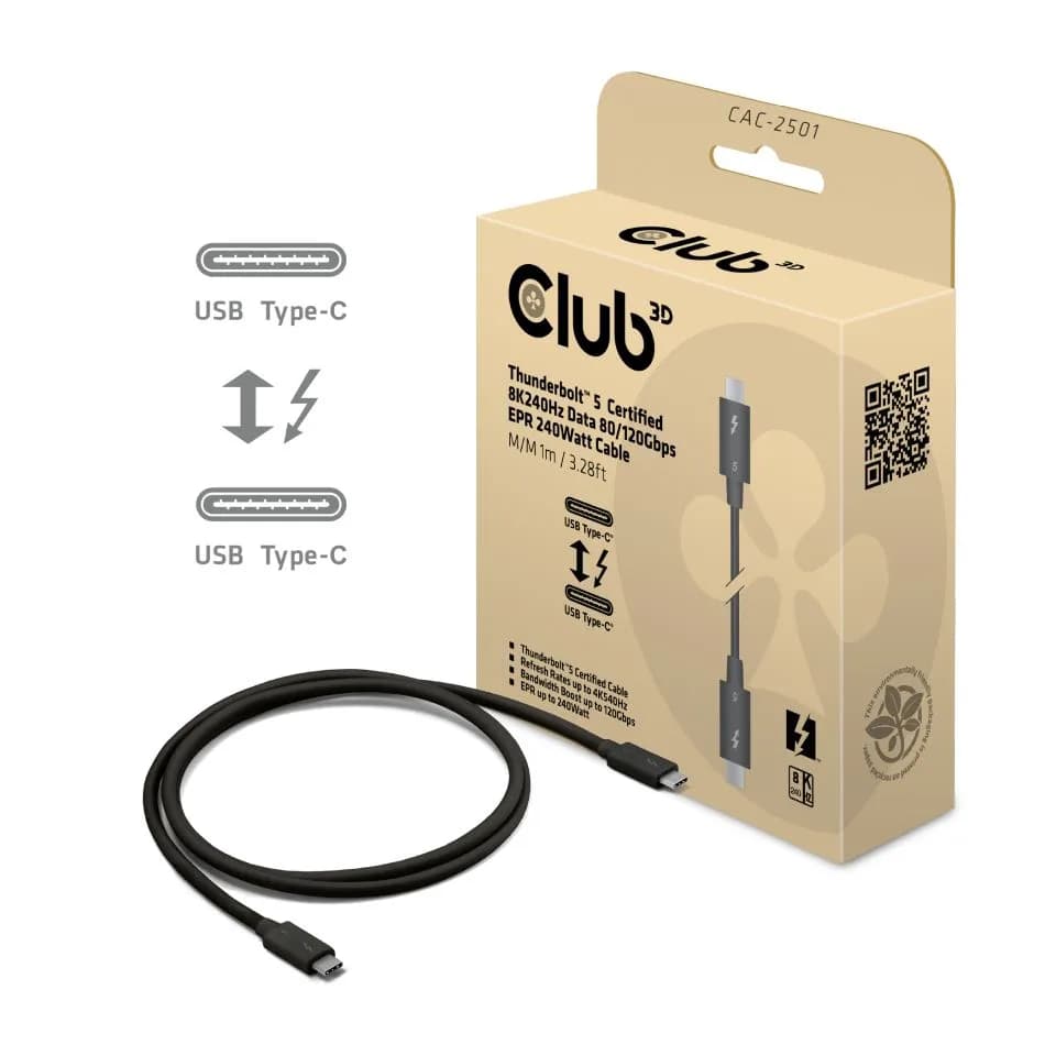 Club 3D Thunderbolt 5 -kaapeli, jossa 8K, 240 Hz, 1 m, musta – Club 3D