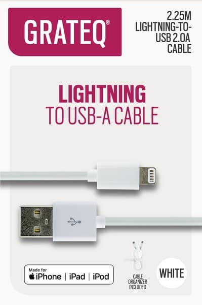 GRATEQ MFi USB-A – Lightning -kaapeli, 2,25 m, valkoinen