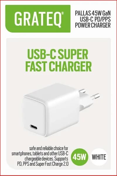 Grateq Pallas Gan PD/PPS USB-C 45W -verkkovirtalaturi, Valkoinen