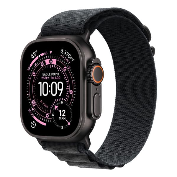 Apple Watch Ultra 3 49mm musta titaanikuori ja musta Alpine-ranneke (keskikokoinen)