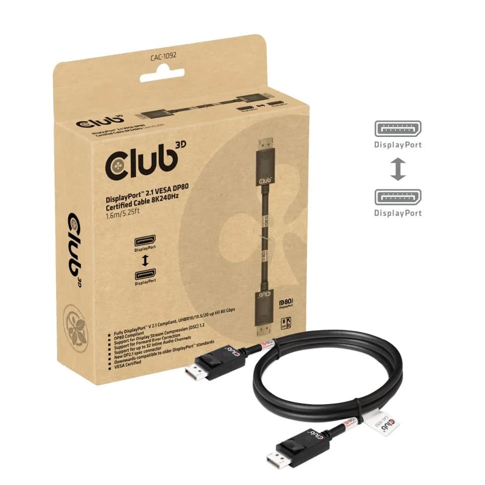 CLUB 3D DisplayPort 2.1 -kaapeli, jossa 8K, 1,6 m, musta