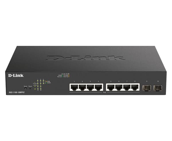 D-Link nätverksswitch, 8xRJ45, 2xSFP, PoE plus, Gigabit, svart/silver