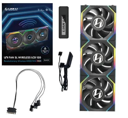Lian Li UNI FAN SL Wireless LCD, 120 mm, PWM, nestelaakeri, ARGB -tuuletinsarja, 3 kpl, musta – Lian-Li