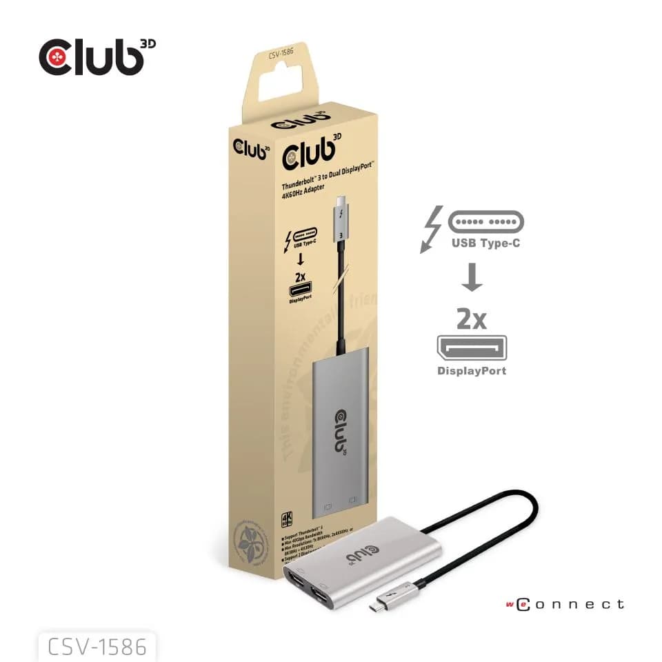 Club 3D Thunderbolt 3 - 2x DisplayPort 4K60Hz -sovitin, Harmaa – Club 3D