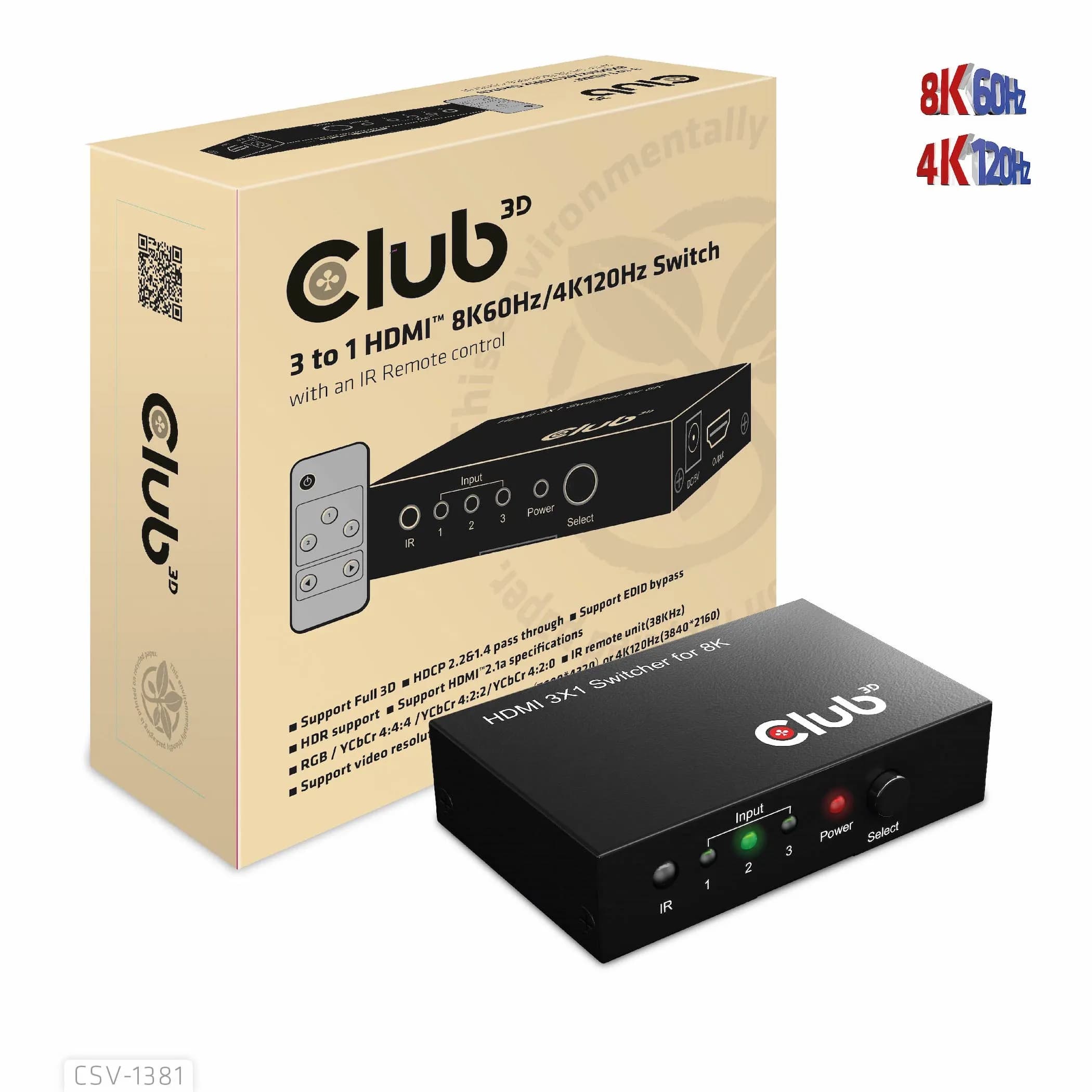 Club 3D 3 - 1 HDMI 8K60Hz/4K120Hz -kytkin, Musta – Club 3D