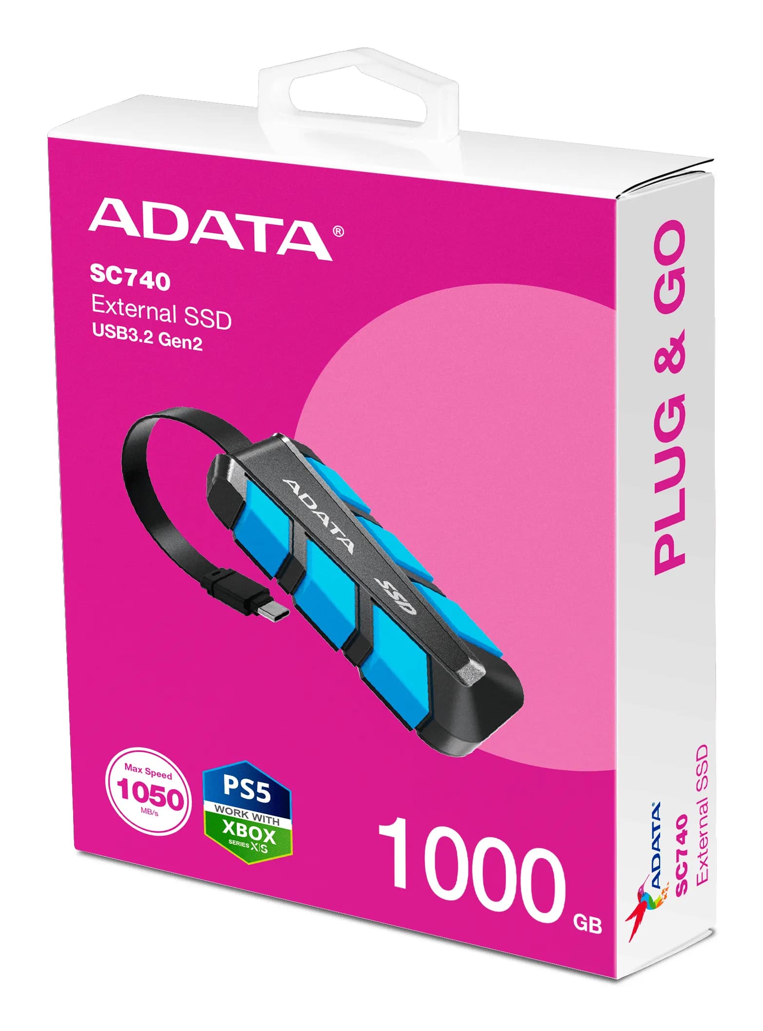 A-DATA SC740 1 Tt USB 3.2 Gen 2 (USB-C) -ulkoinen SSD, kannettava, iskunkestävä, pelikäyttöön, musta, sininen
