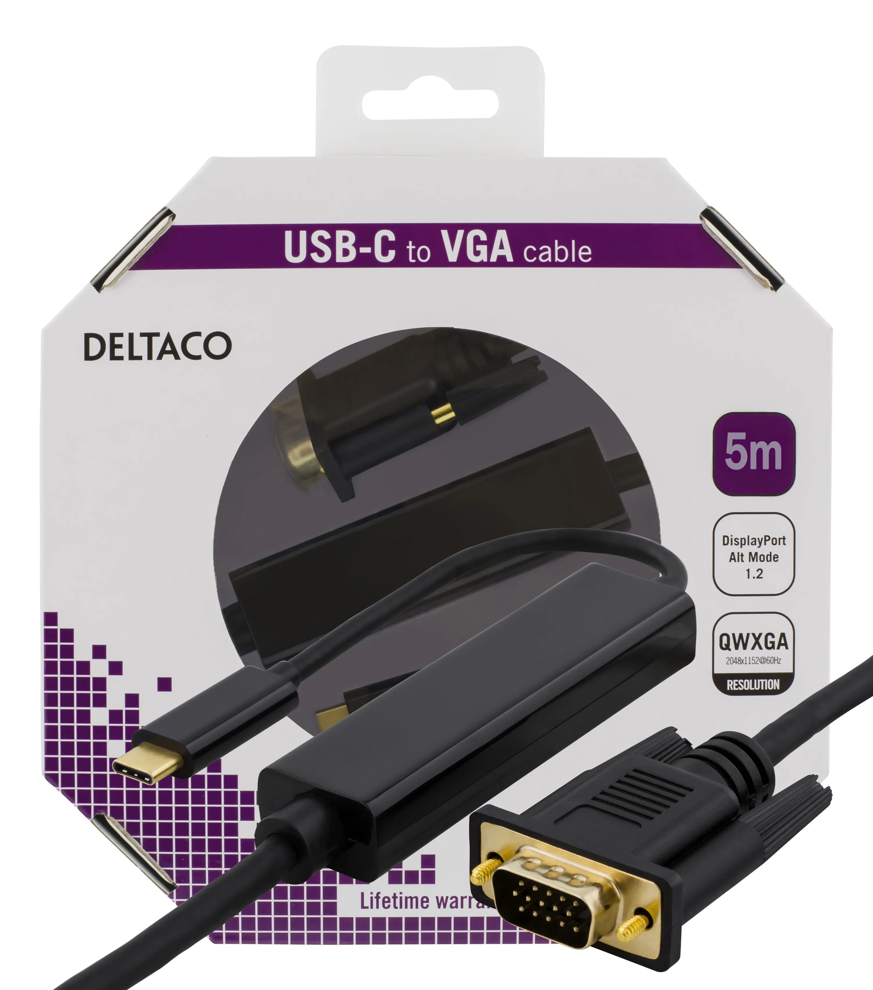 Deltaco USB-C – VGA -kaapeli, 5 m, musta