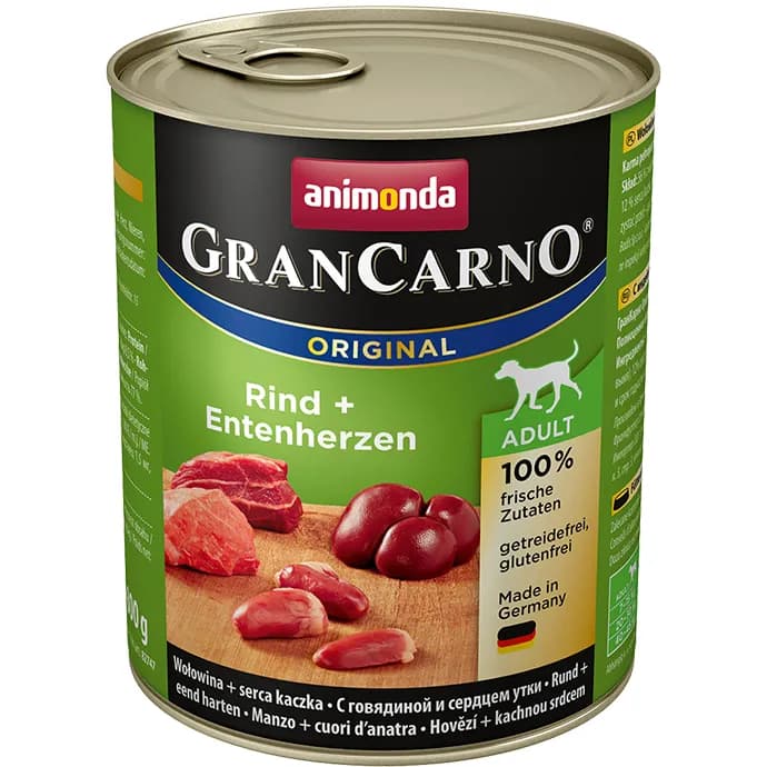 Animonda GranCarno Adult Beef + Duck Hearts, Koiran märkäruoka, Viljaton, 800 g – Animonda