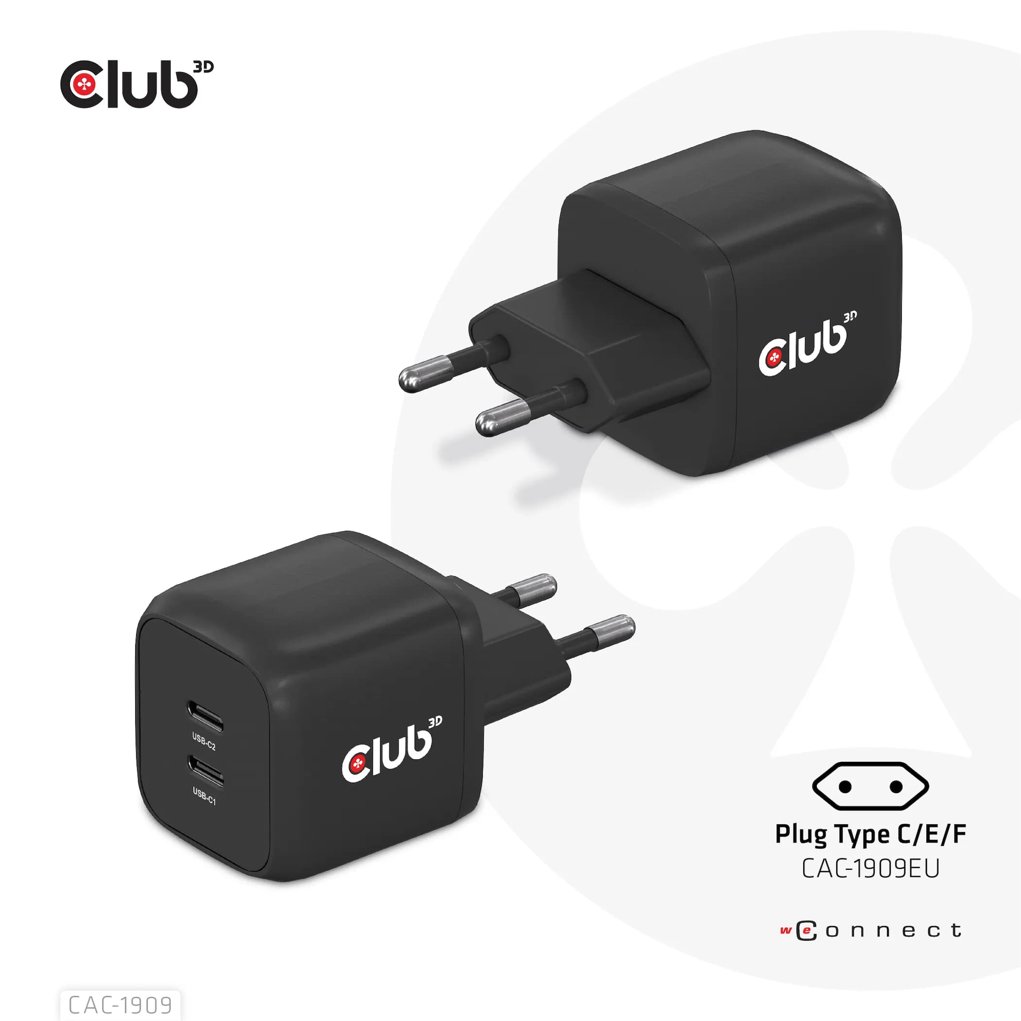 Club 3D 45W GaN, 2x USB-C PD3.0 -laturi, Musta – Club 3D
