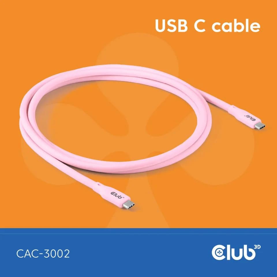 Club 3D USB4 Gen 3x2 USB-C -kaapeli, 240 W, 2 m, vaaleanpunainen – Club 3D