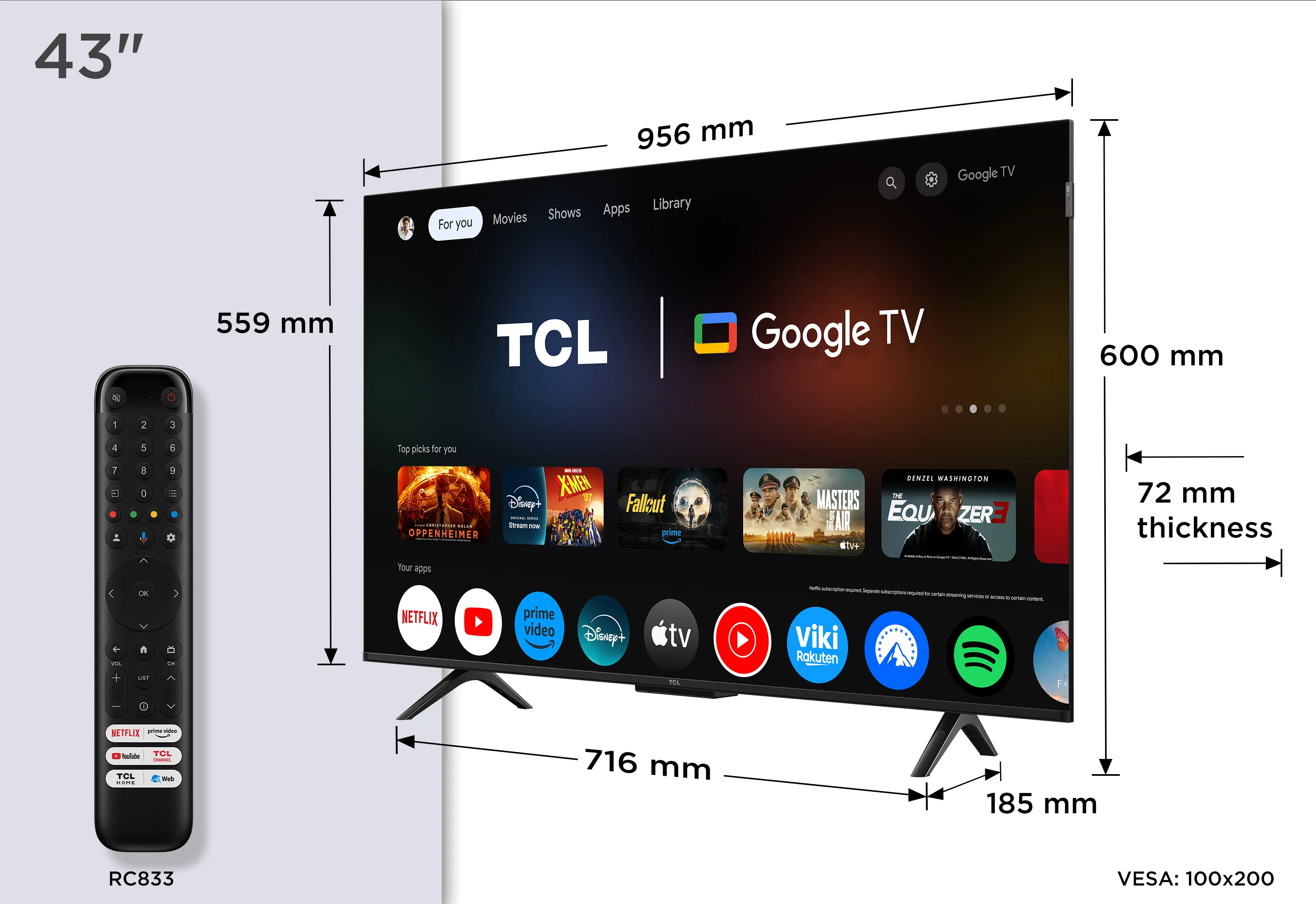 TCL 43P7K 43" 4K QLED Google TV, 60 Hz, Dolby Vision, HDR10+, metallic – TCL