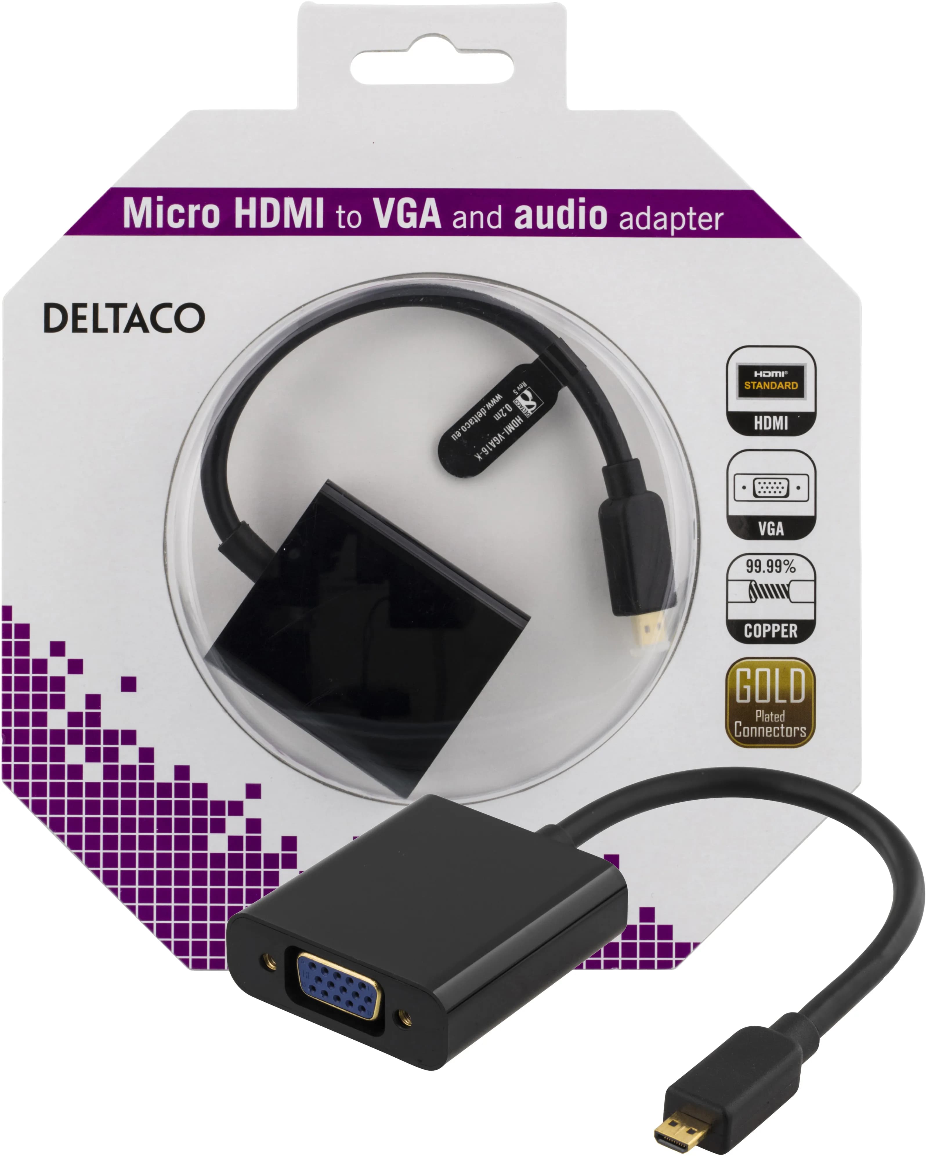 DELTACO micro HDMI - VGA-sovitin,19-pin ur -15-pin+3,5mm, 0,2m, musta – Deltaco