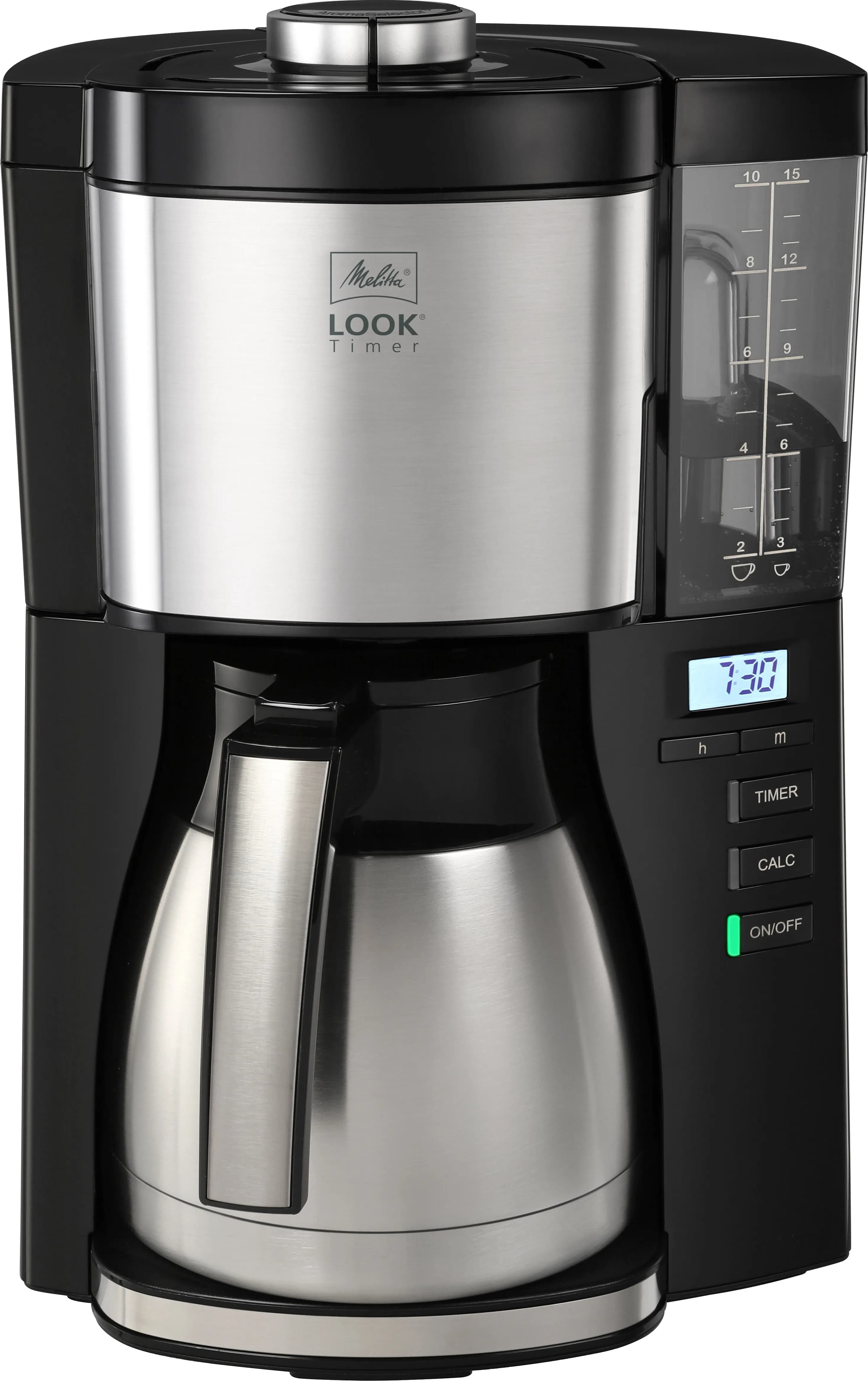 Melitta LOOK V Therm Timer 10 kupin -kahvinkeitin termoskannulla, musta, hopea