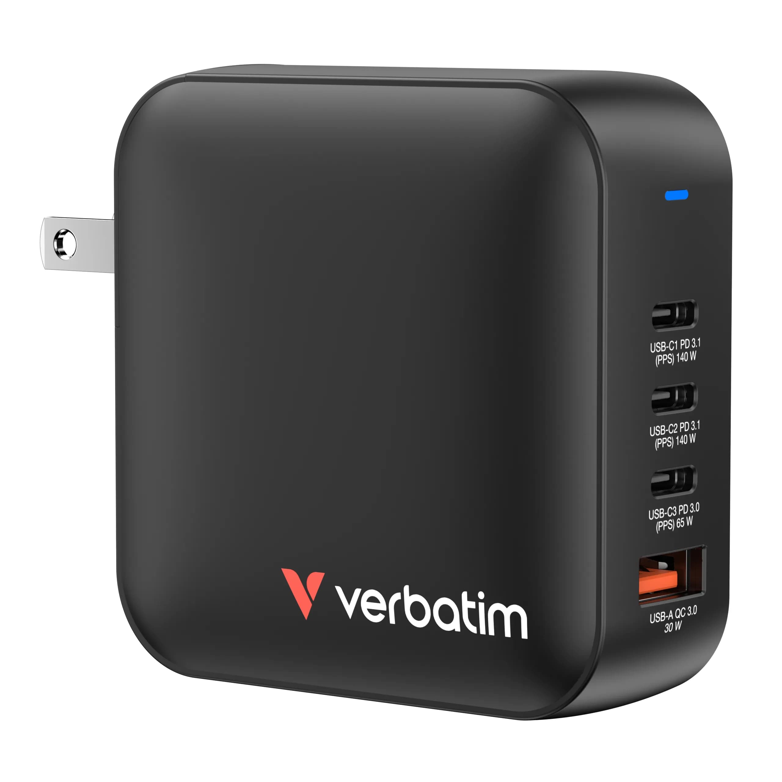 Verbatim Mini GaN 165W 4 Port US plug -laturi, EU/UK adapterilla