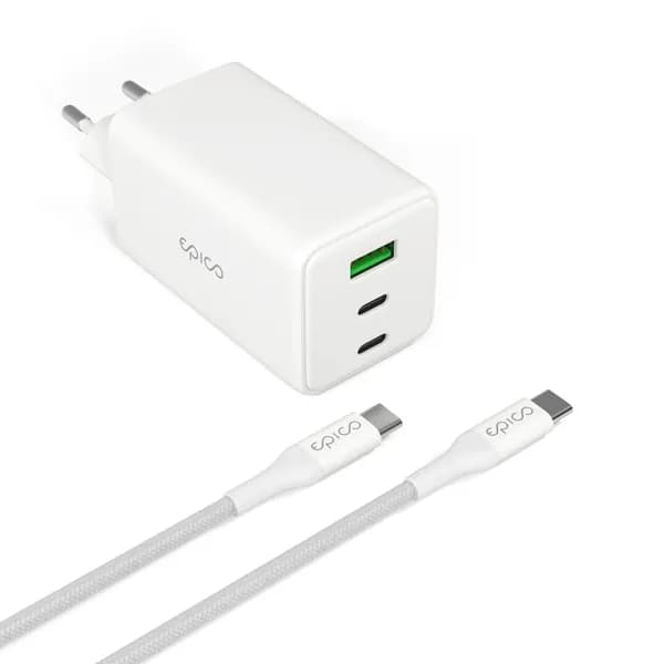 Epico UltraBoost GaN 100W Wall Charger EA100 with 1.2m USB-C to USB-C Cable | White | 2 × USB-C PD  &  1 × USB-A – EPICO