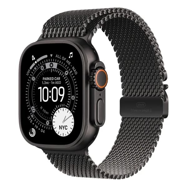 Apple Watch Ultra 3 49mm musta titaanikuori ja mustatitaaninen milanolaisranneke (pieni)