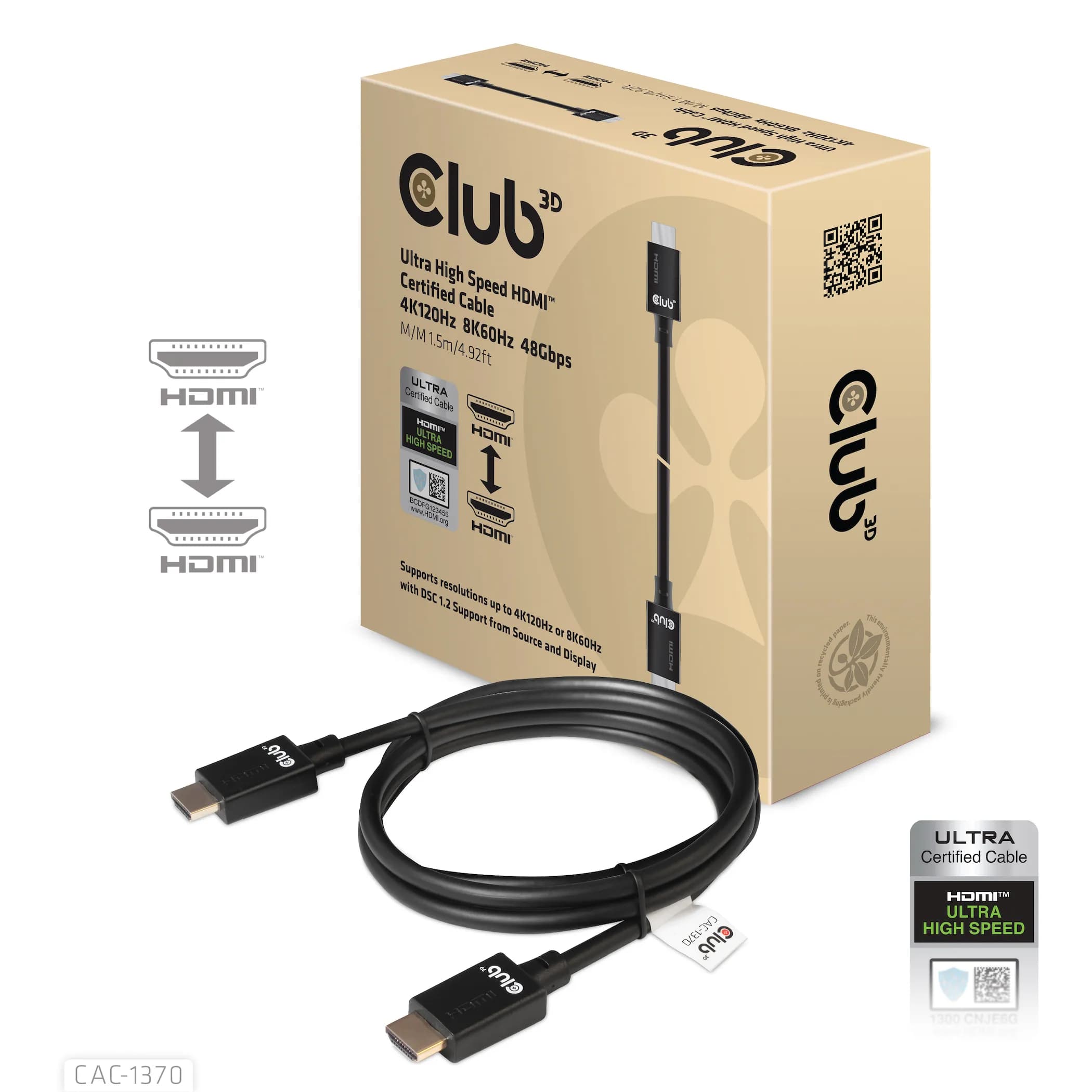 CLUB 3D HDMI 2.1 Ultra High Speed -kaapeli, jossa 8K, 1,5 m, musta