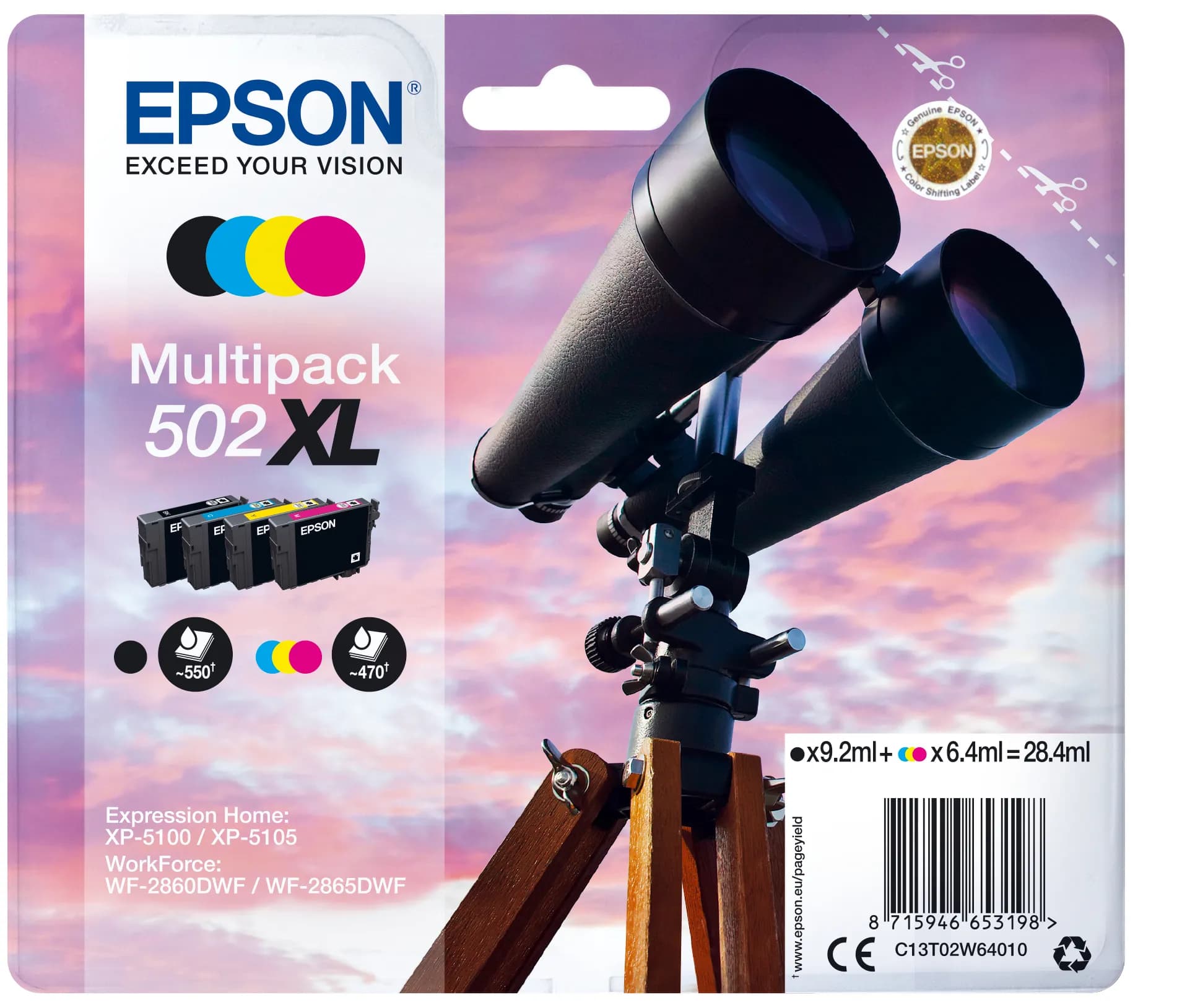 Epson 502XL-mustekasettipakkaus, musta, syaani, magenta, keltainen, 4 kpl