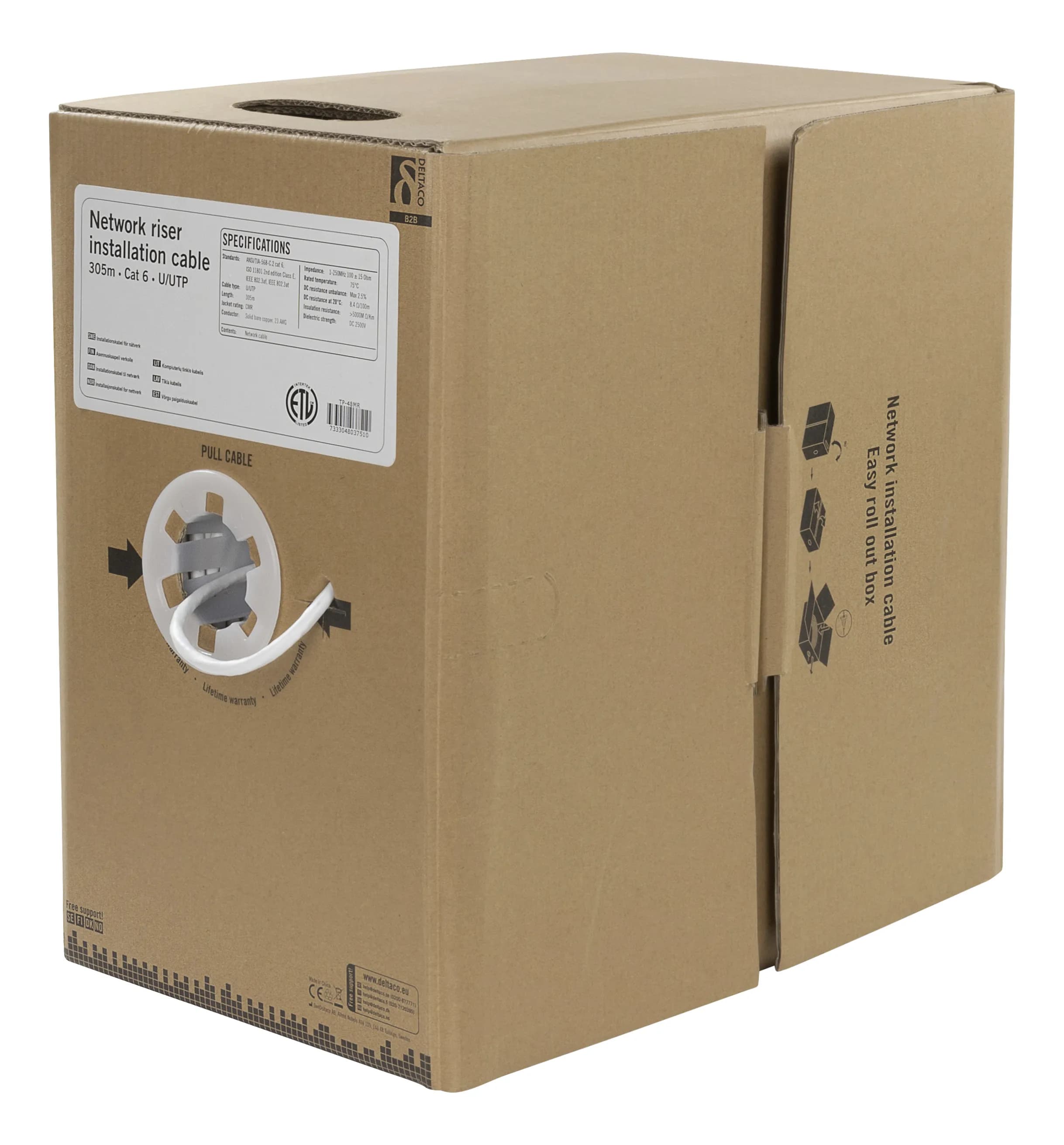 Deltaco Cat6 U/UTP 305m -verkkokaapeli, valkoinen