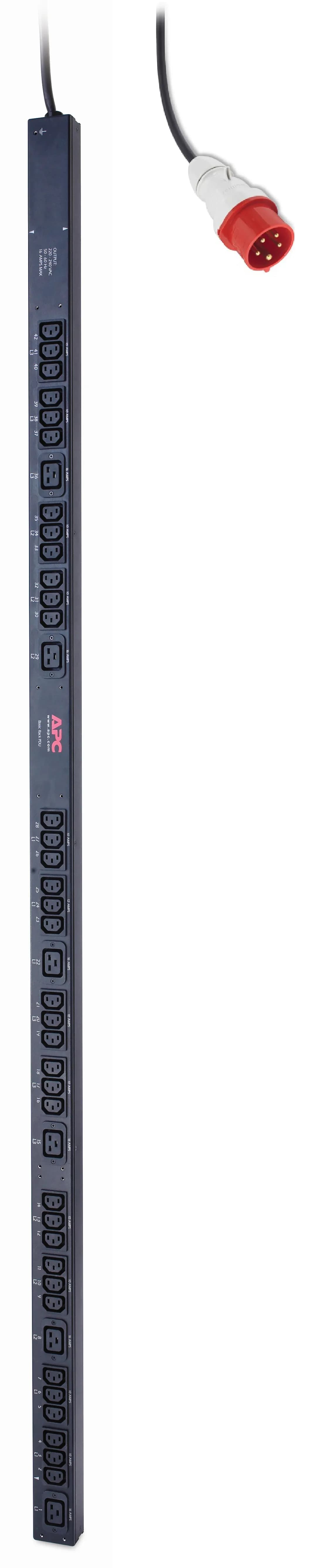 APC Basic Rack PDU 11kW, 400V ZeroU, 3-vaiheinen tulo (IEC 309 16A, 1,8 m kaapeli), 36x IEC C13 & 6x IEC C19 lähtöä.
