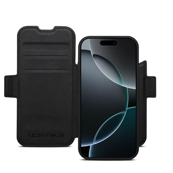 Screenor First 2-in-1, iPhone 17 Pro, MagSafe -lompakkokotelo, Musta – SCREENOR