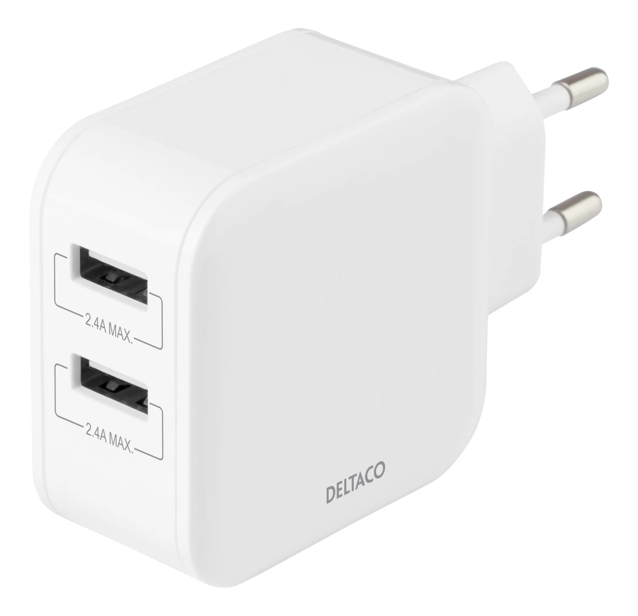 DELTACO USB wall charger, 2x USB-A 2,4 A, total 24 W, white