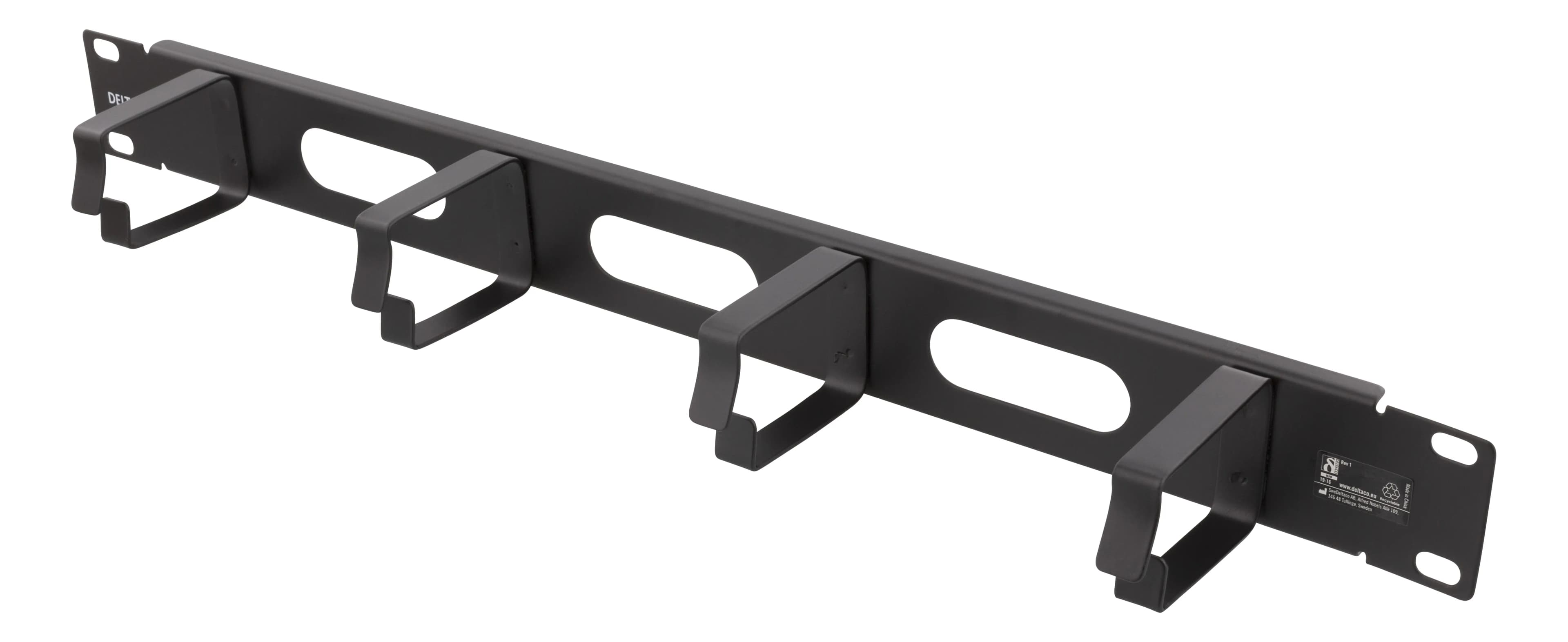 19 kabelhanterare, metall, 4 öglor och genomföring, 1U, svart – Deltaco