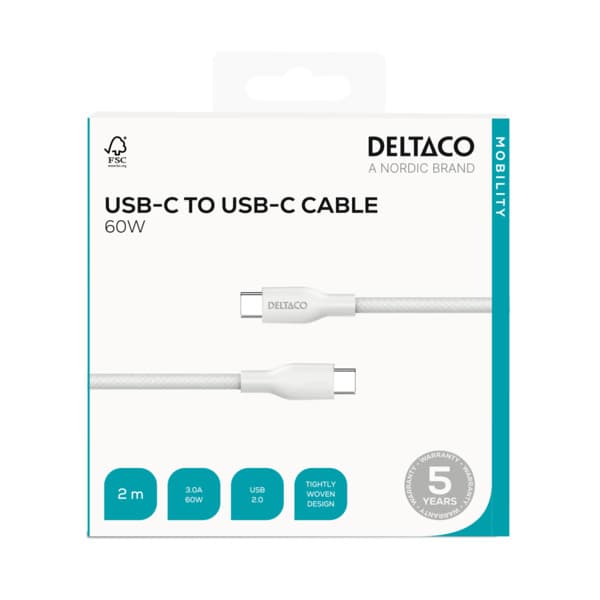 Deltaco USB-C -kaapeli, 60 W, 2 m, valkoinen