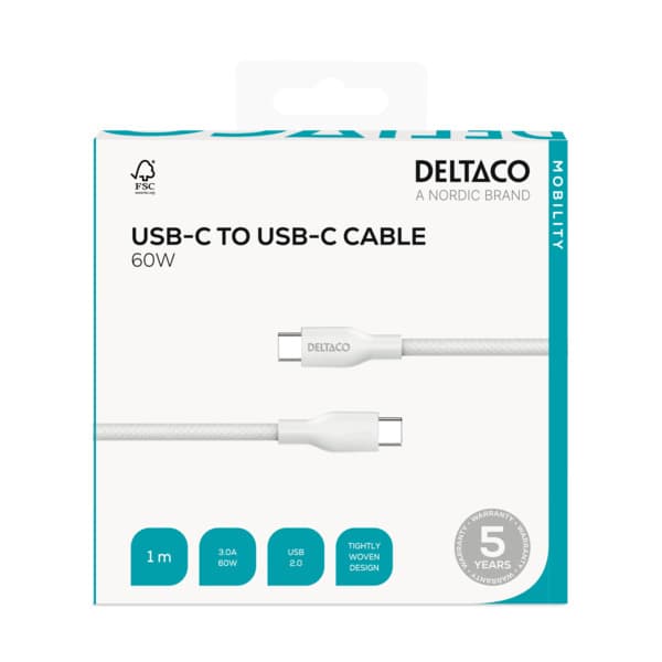 Deltaco USB-C -kaapeli, 60 W, 1 m, valkoinen