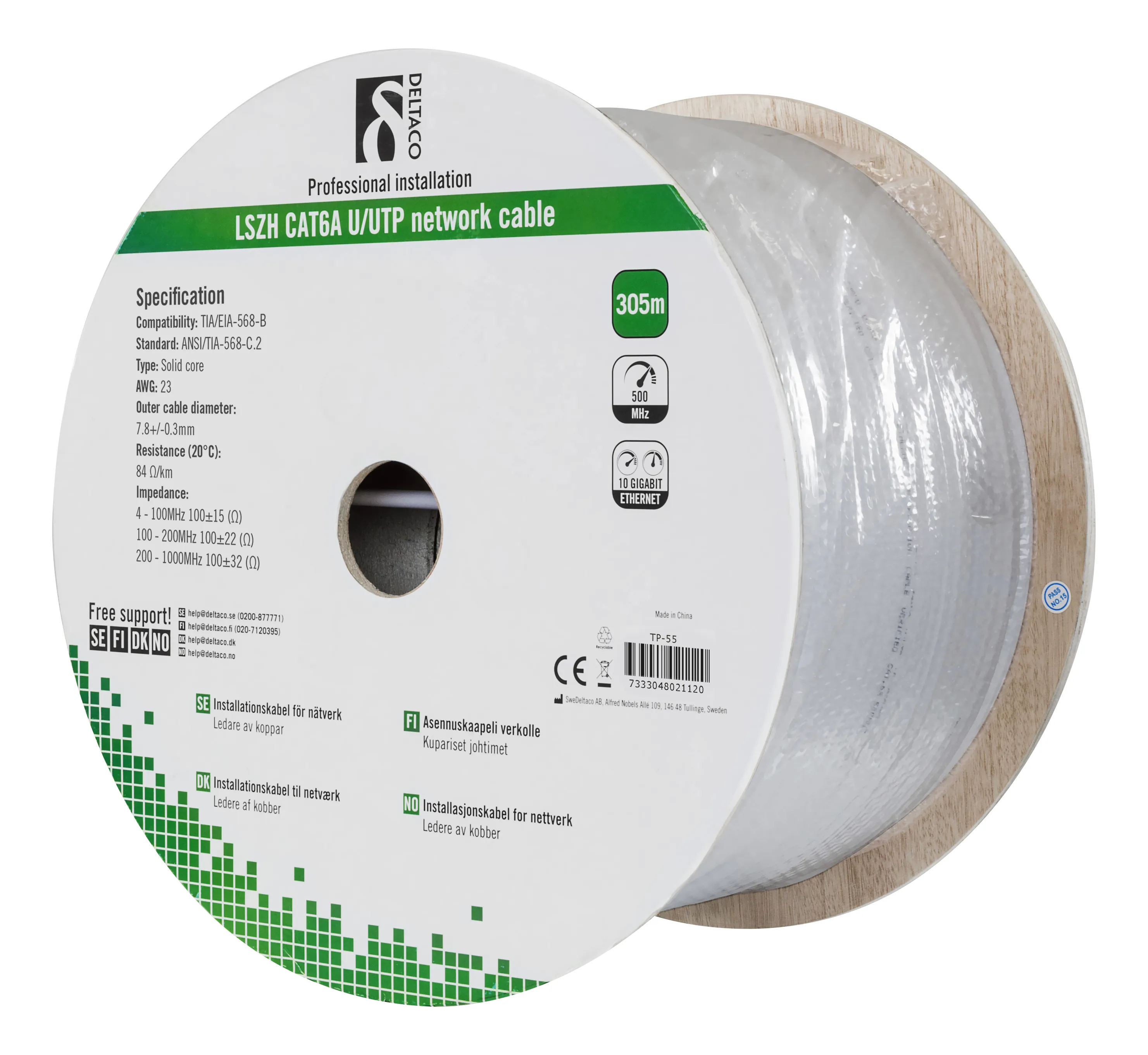 Deltaco Cat6a U/FTP RJ45 305m -verkkokaapeli, harmaa