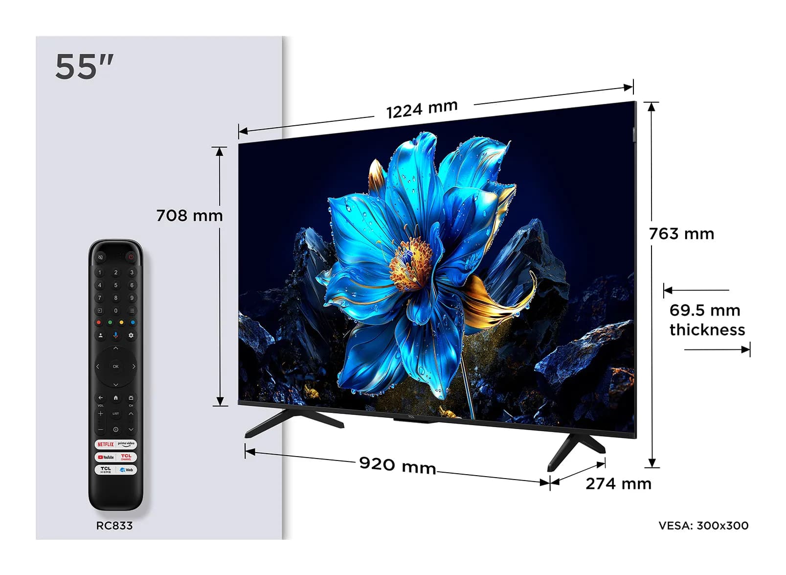 TCL P7K 55P7K 55" 4K QLED Google TV, 60 Hz, HDR10+, Dolby Vision, metallic – TCL