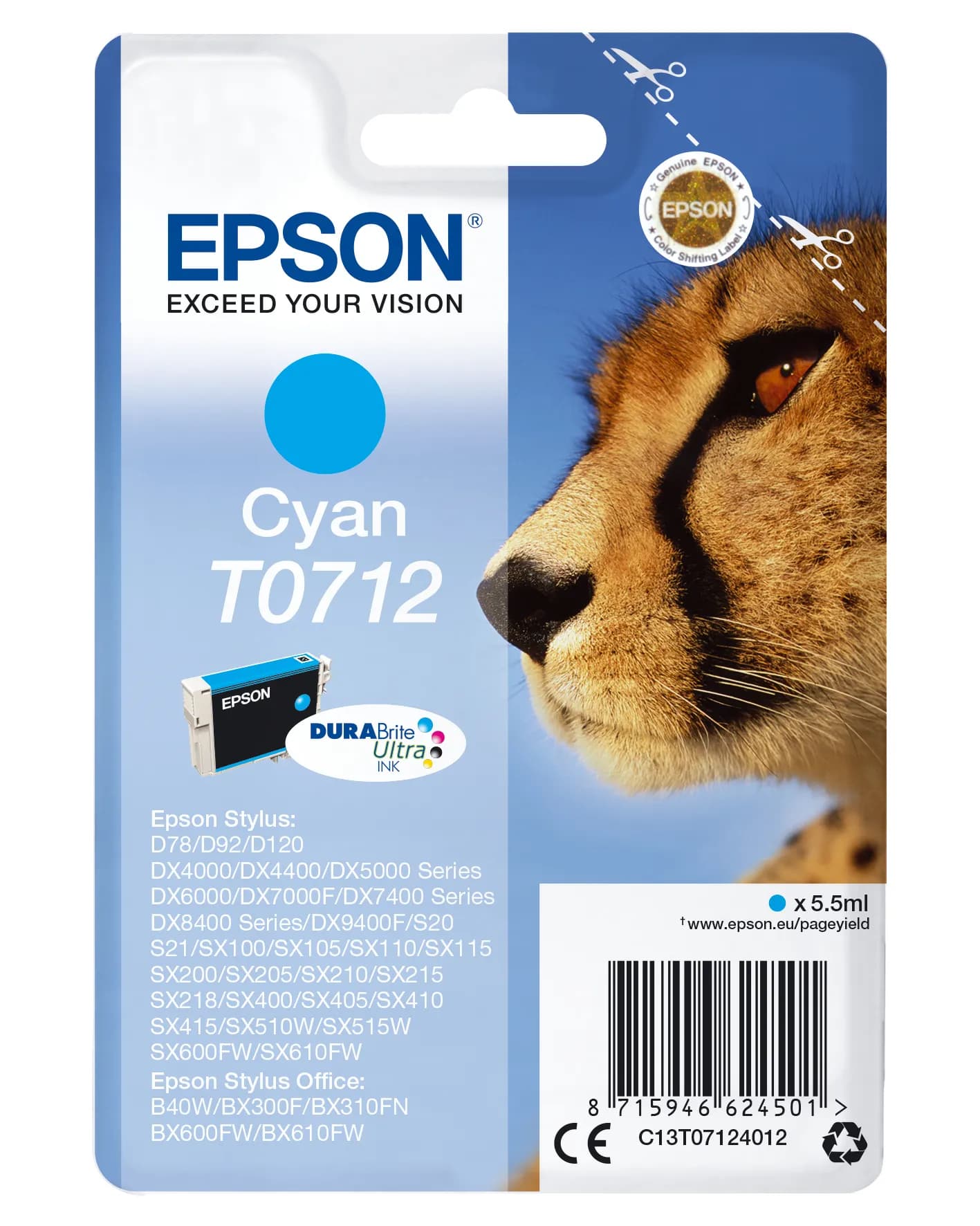EPSON T0712-mustekasetti, 5.5 ml, cyaani – Epson