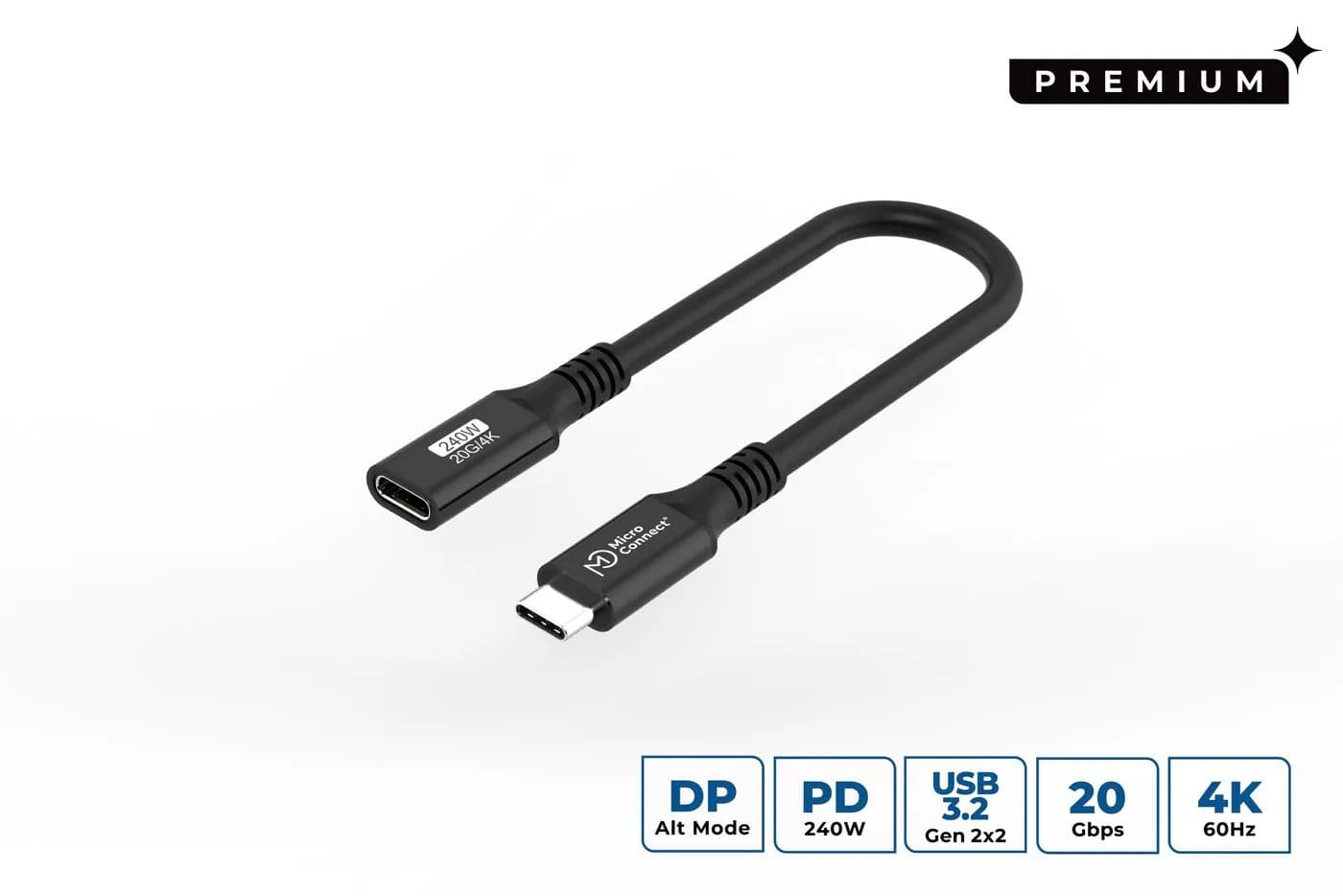 MicroConnect Premium USB-C USB 3.2 Gen 2x2 -jatkokaapeli, 240 W, 0,15 m, musta