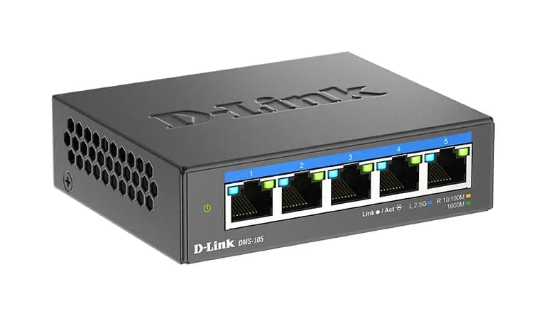 D-Link DMS-105/E - Hallitsematon 5-porttinen Multi-Gigabit -kytkin, Musta