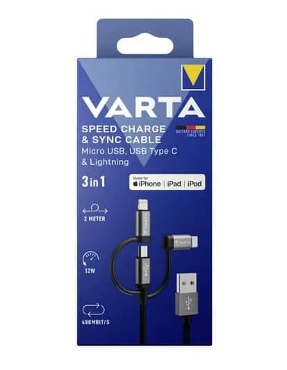 VARTA 3in1 USB-A – Micro-USB, USB-C ja Lightning -kaapeli, 2 m, musta