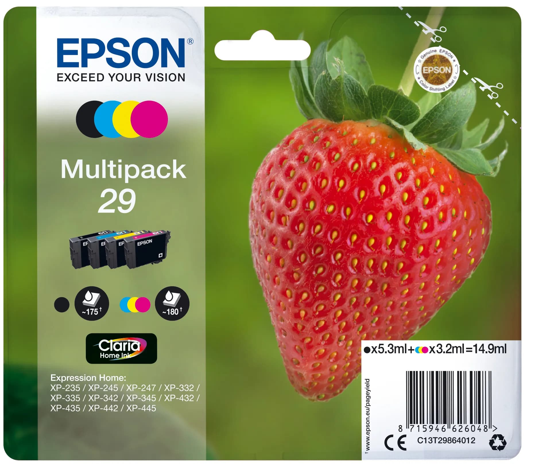 Epson C13T29864012 -mustekasettipakkaus, musta, syaani, magenta, keltainen, 4 kpl – Epson