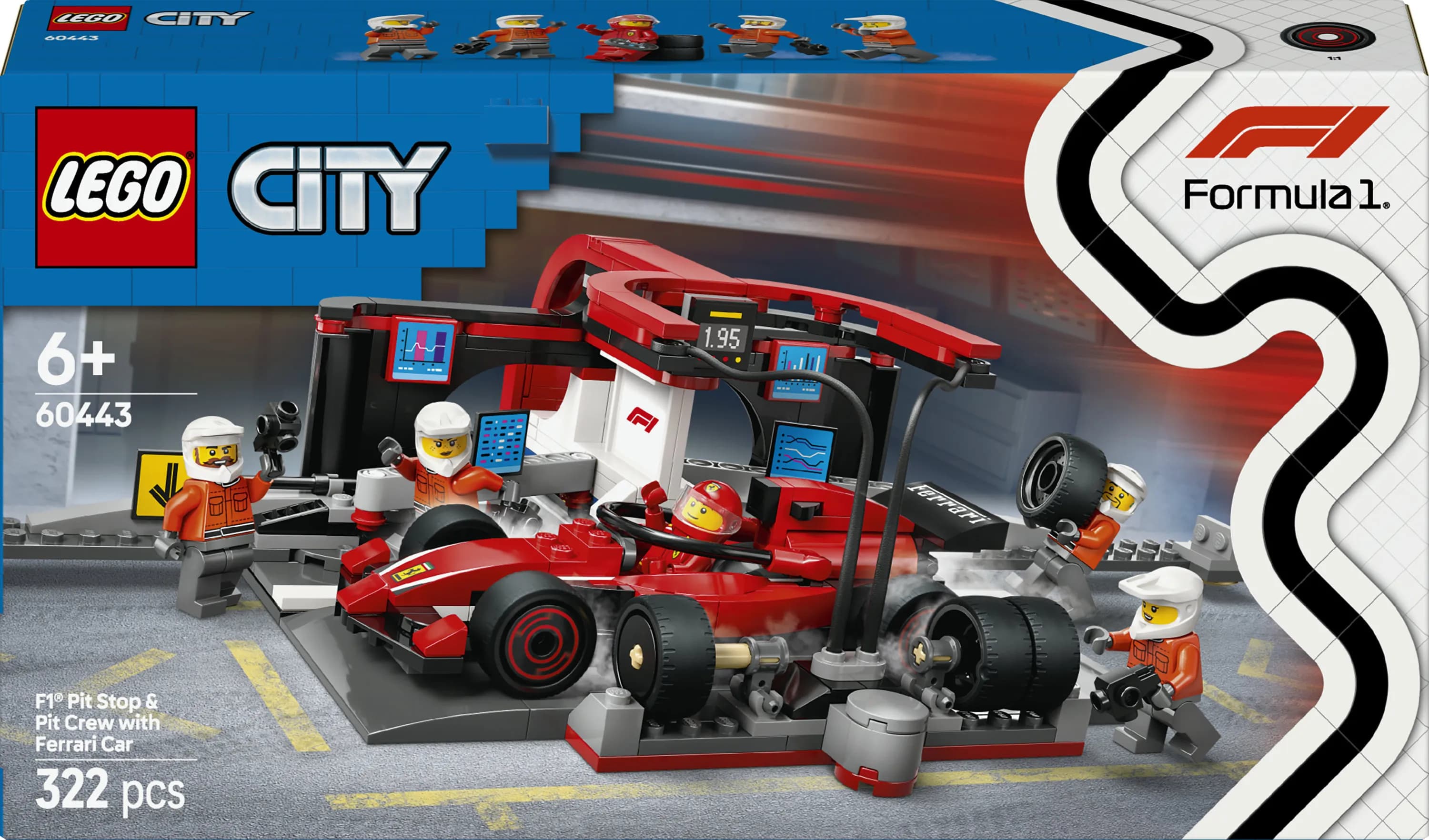 LEGO City F1 varikkopysähdys ja varikkomiehistö sekä Ferrari-auto 60443