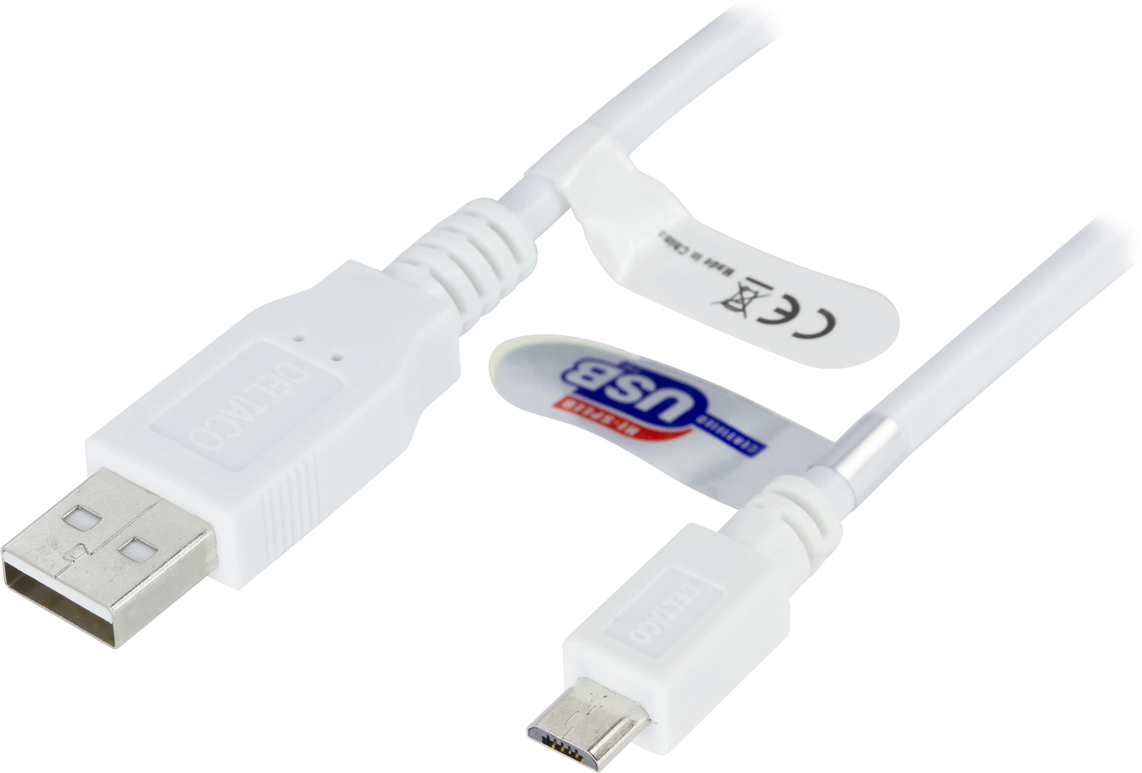 Deltaco USB-303W USB-A – Micro USB -kaapeli, 3 m, valkoinen