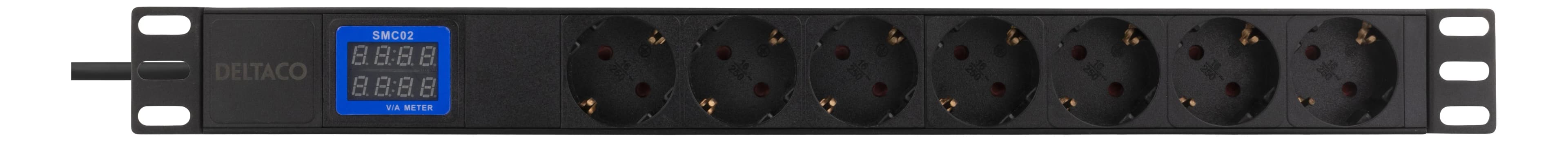 Deltaco 19" PDU, jossa 7 pistoketta, 3500W, CEE 7/3, digitaalinen voltti-/ampeerimittari