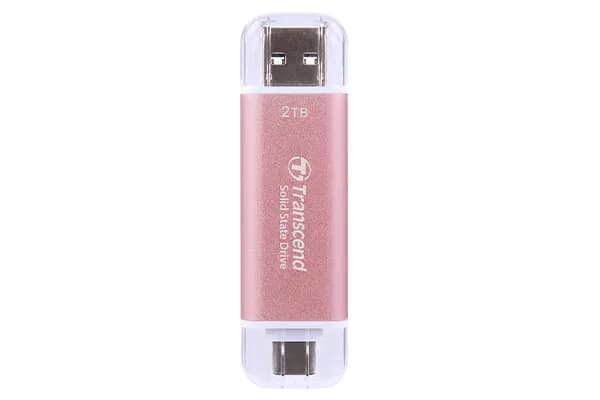 Transcend ESD310P 2 Tt USB-C/USB-A -ulkoinen SSD, kannettava, laitteistosalaus, salasanasuojaus, pelikäyttöön, vaaleanpunainen – Transcend