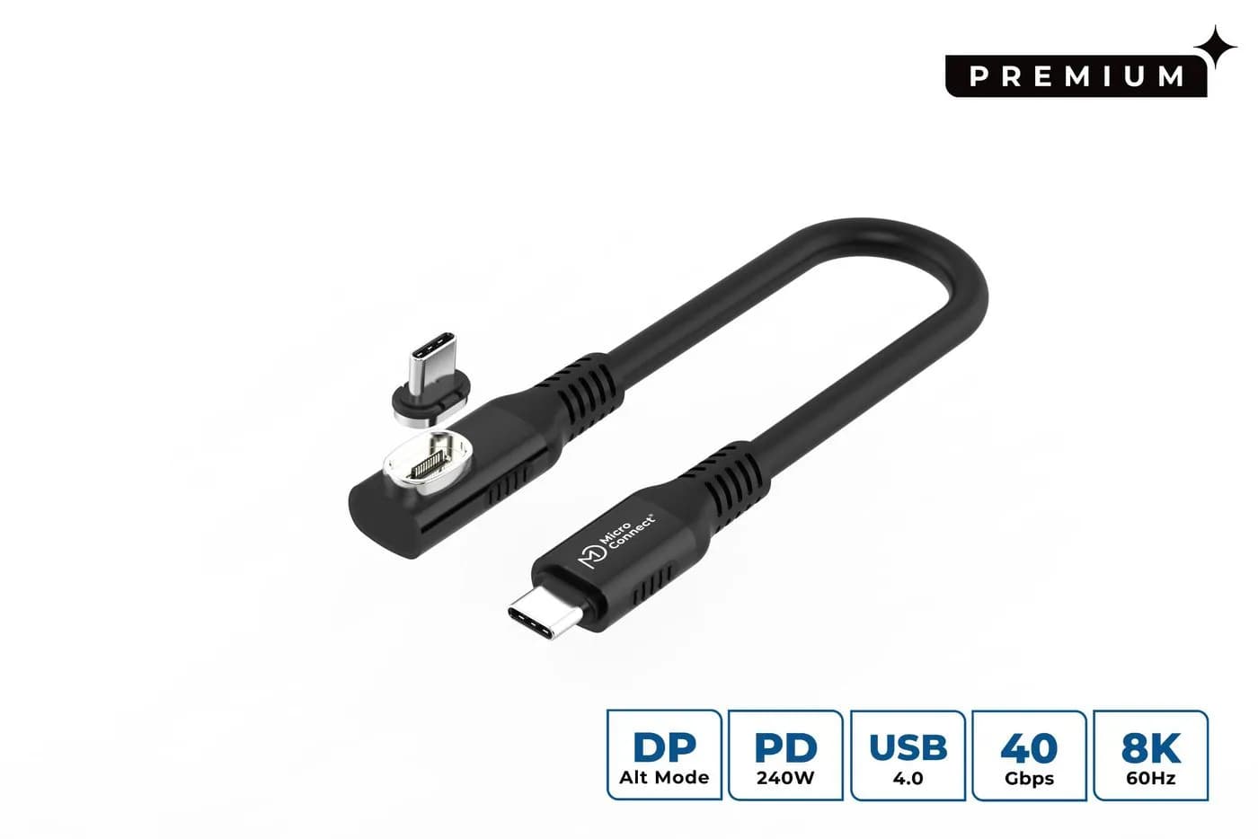 MicroConnect USB4 magneettinen kulma silikoni USB-C -kaapeli, 240 W, 0,15 m, musta