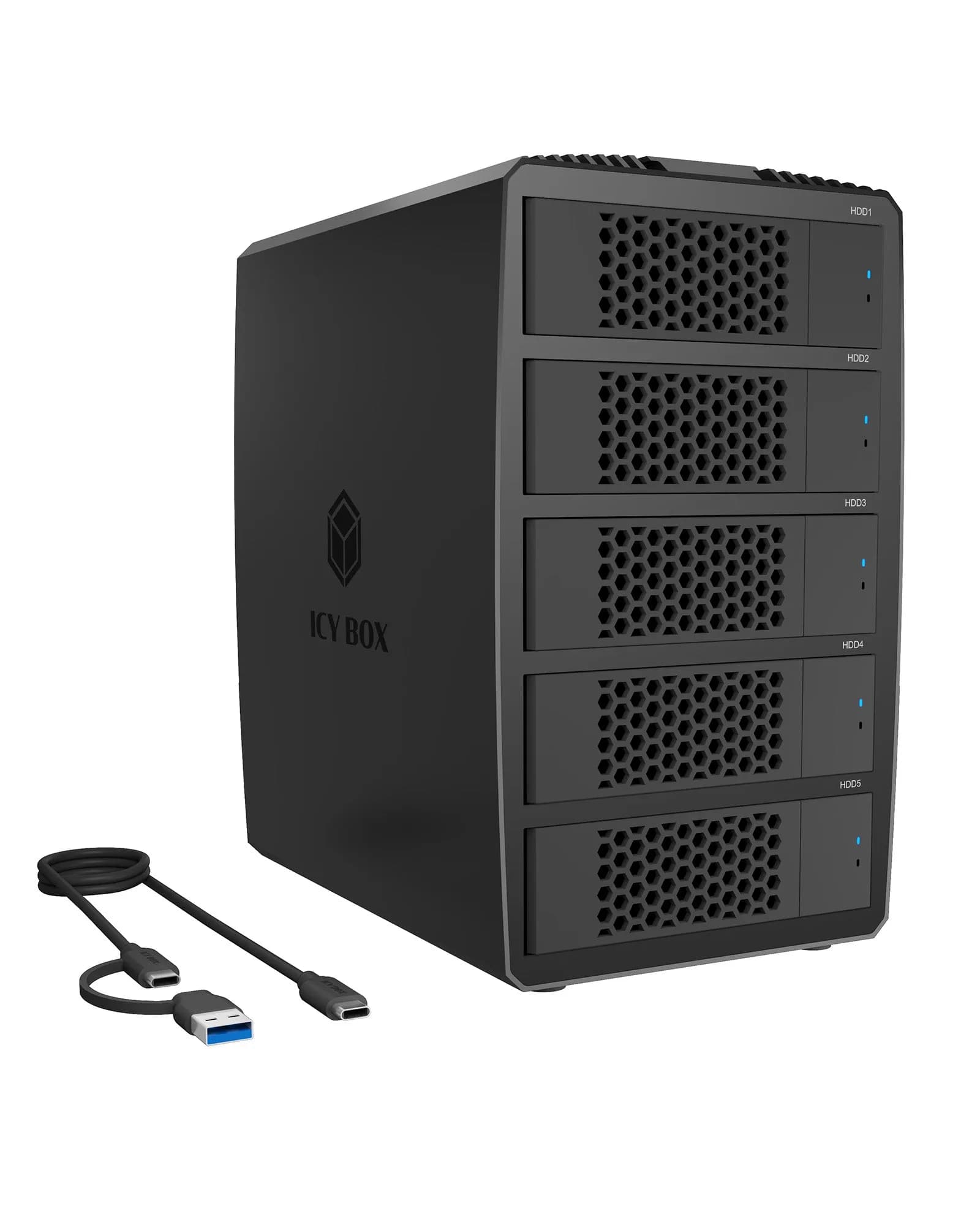 ICY BOX IB-RD3705-CU3 RAID-kotelo, 2,5" / 3,5", 5-paikkainen, USB 3.2 Gen 1, hot swap, RAID 0/1/3/5, musta