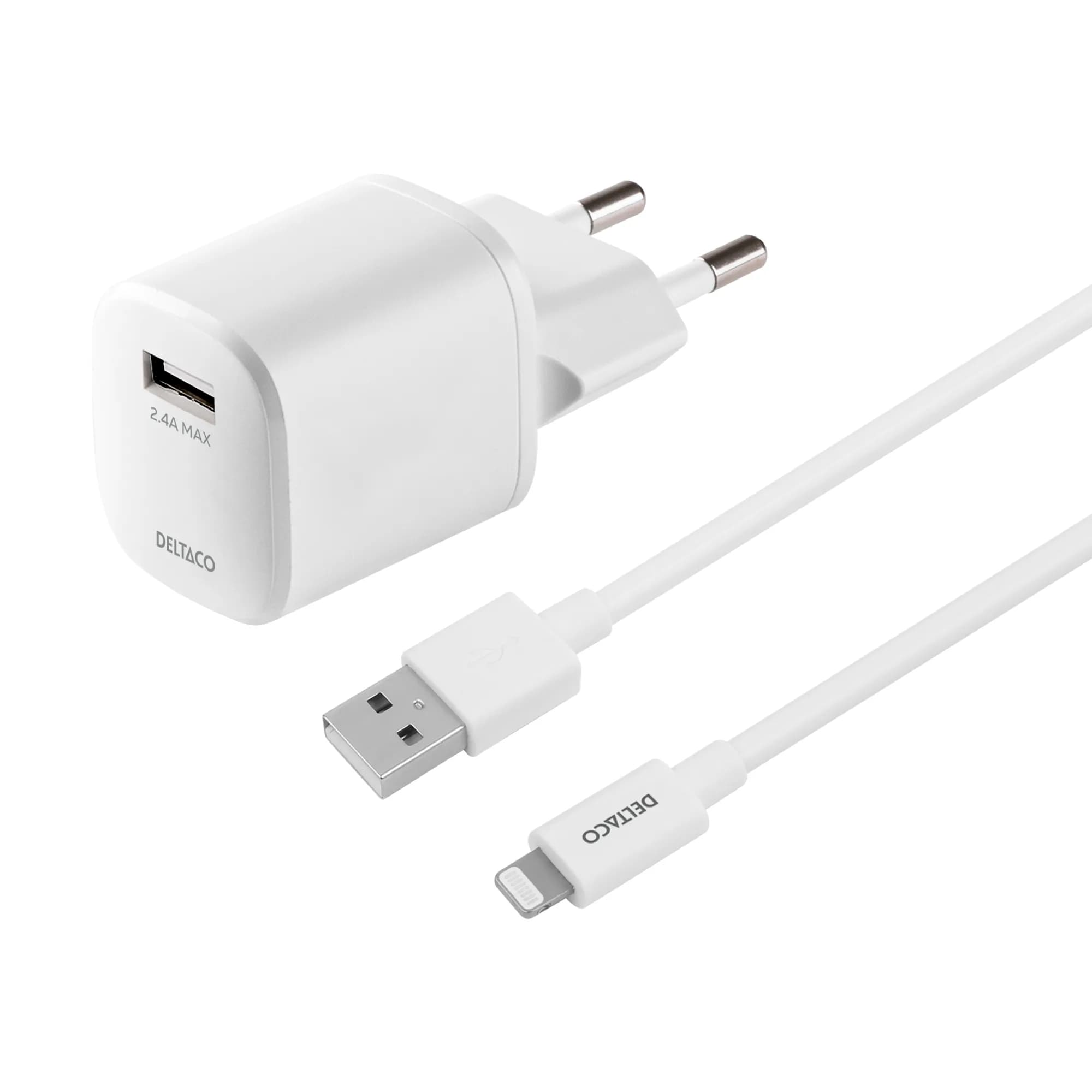 DELTACO USB wall charger kit, USB-A, 2,4 A, 1 m USB-A to Lightning – Deltaco