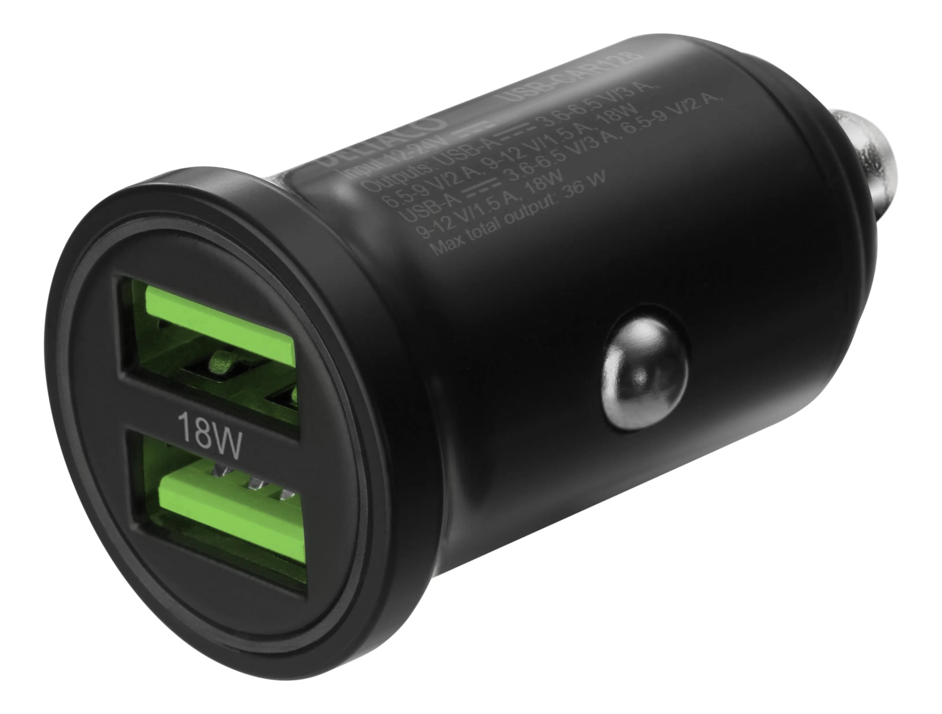 DELTACO USB car charger, 2x USB-A 18 W, fast charging, 36 W total – Deltaco