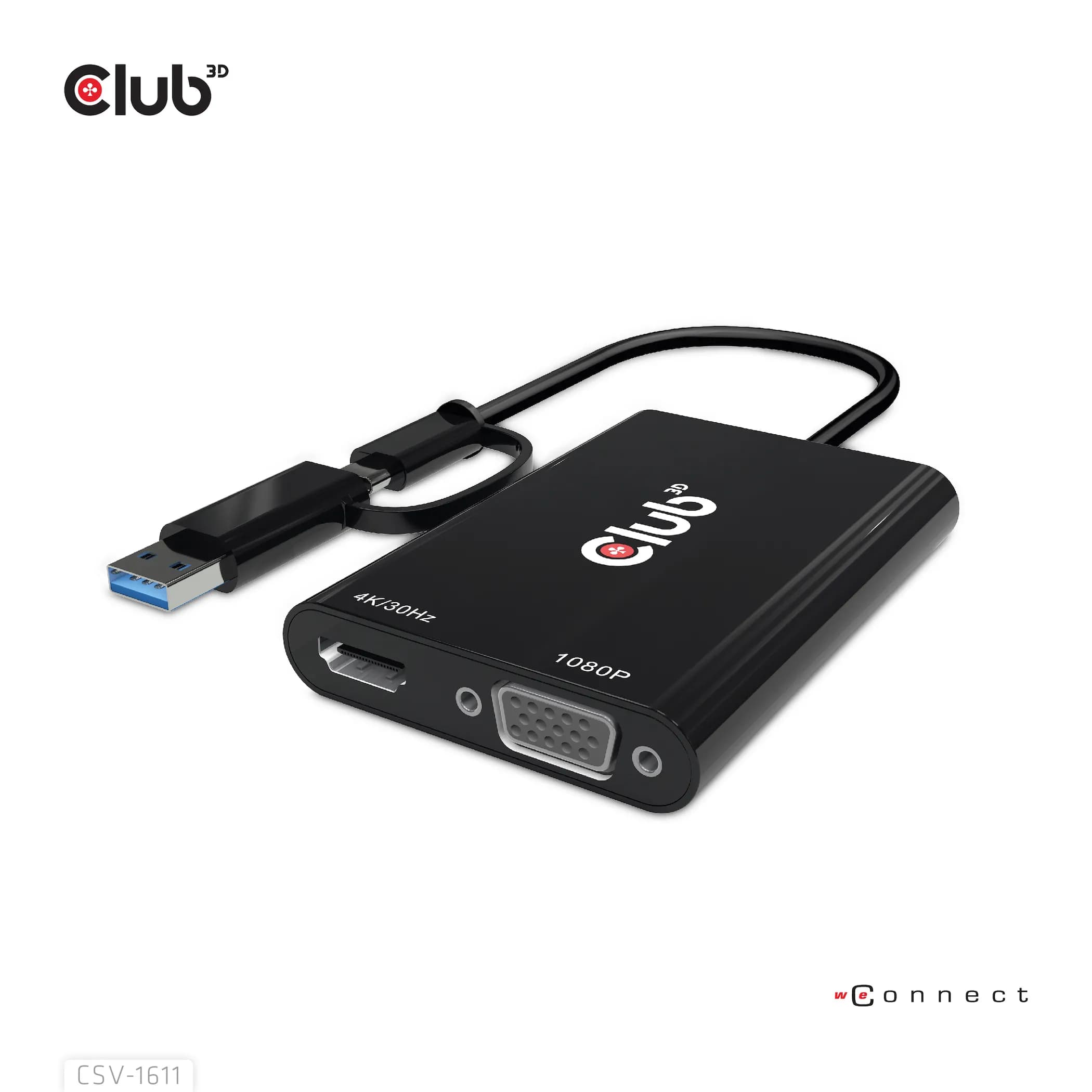 Club 3D 3.1 Gen1 USB-C/-A - Dual HDMI 4K/30Hz VGA 1080/60Hz -adapteri, Musta