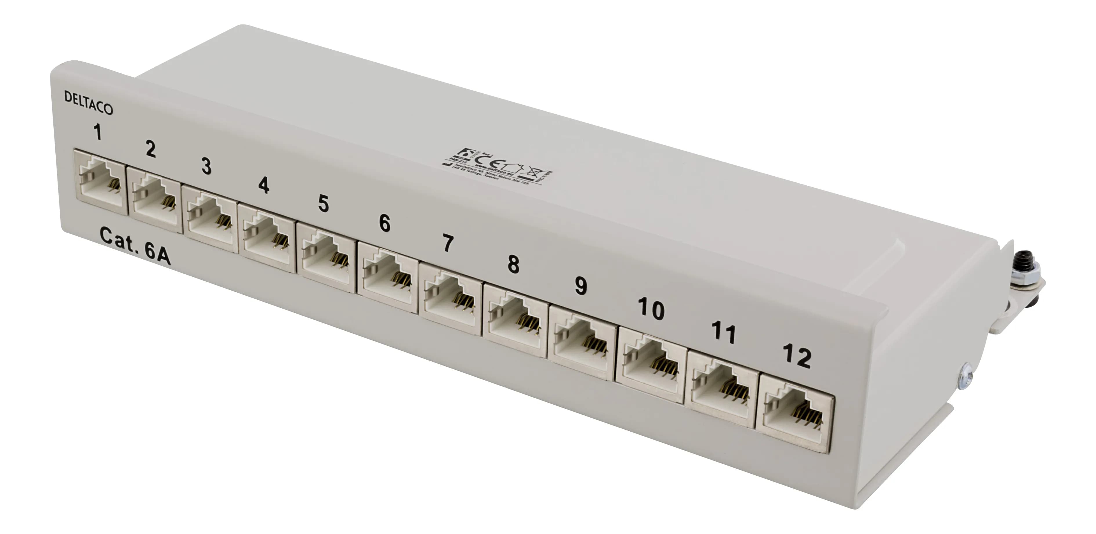 DELTACO Patchpanel, 12xRJ45, Cat6a, väggmonterbar, 10Gbps, grå