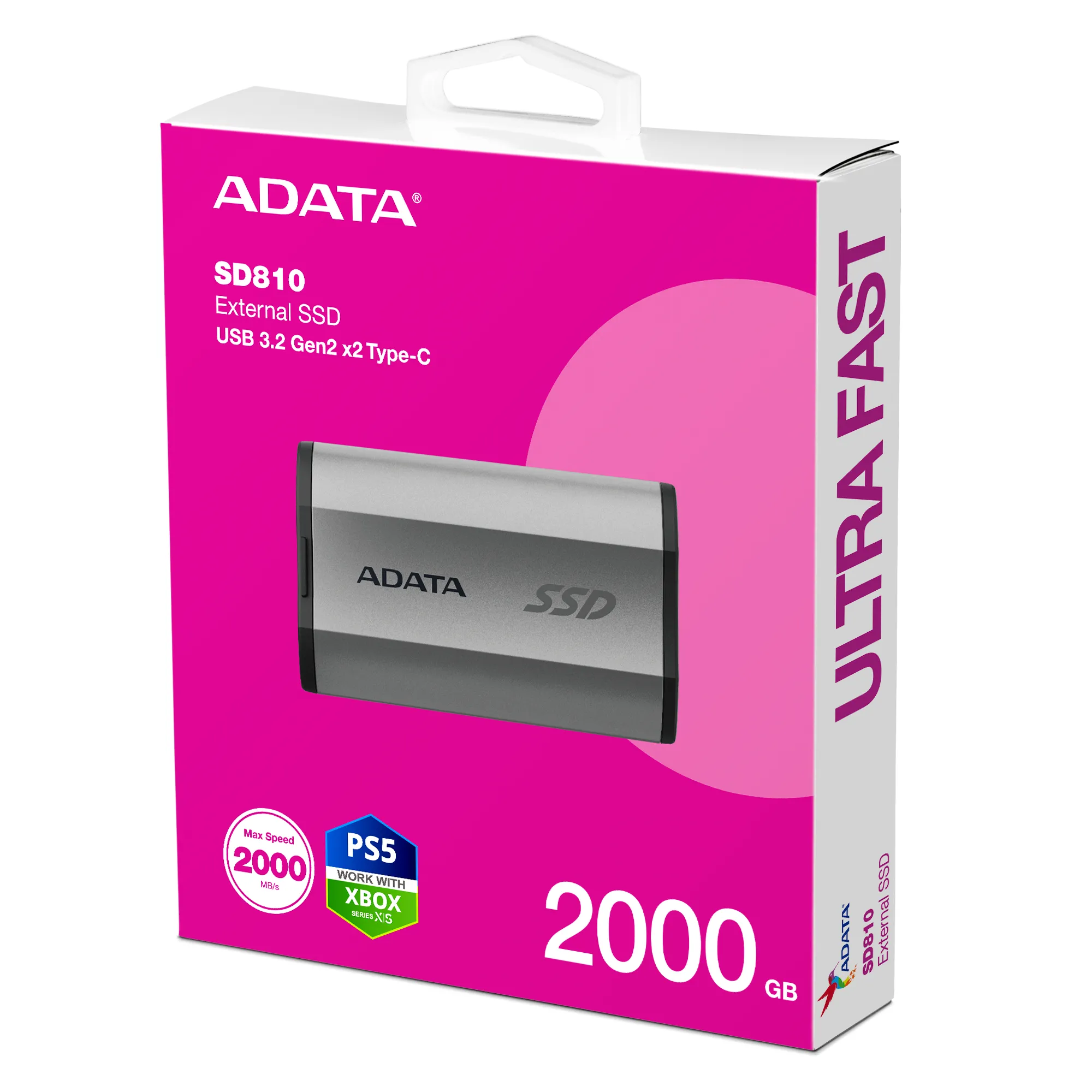 A-DATA SD810 2 Tt USB 3.2 Gen 2x2 (USB-C) -ulkoinen SSD, iskunkestävä, roiskesuojattu, pölynkestävä, pelikäyttöön, musta, hopea – ADATA