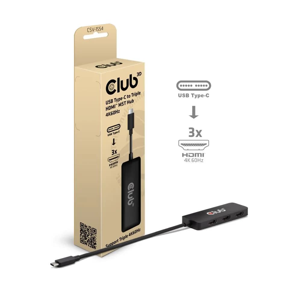 Club 3D USB-C - 3x HDMI MST 4K60Hz -sovitin, Musta – Club 3D