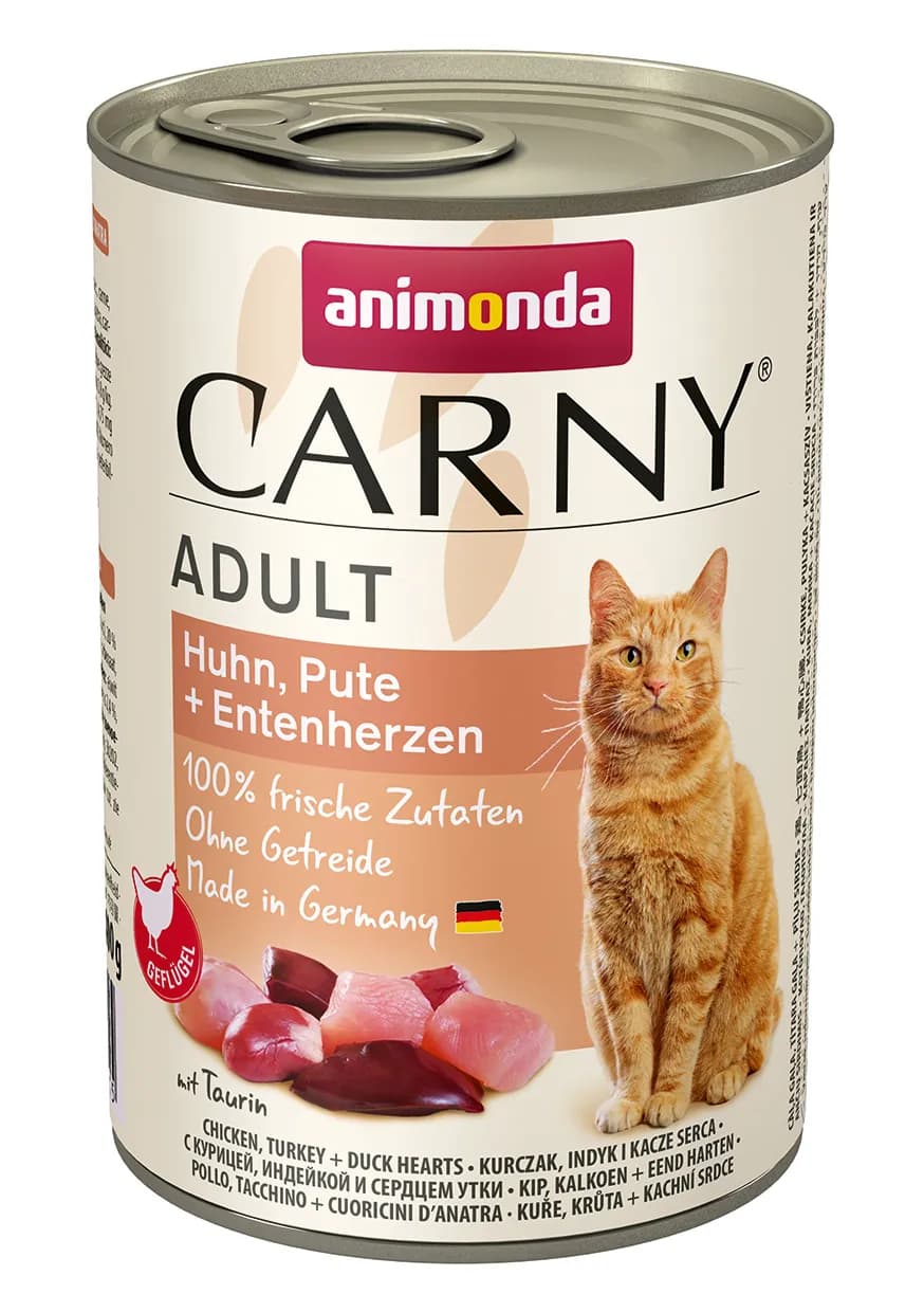 Animonda Carny Adult Chicken, Turkey & Duck Hearts, Kissan märkäruoka, 400 g – Animonda