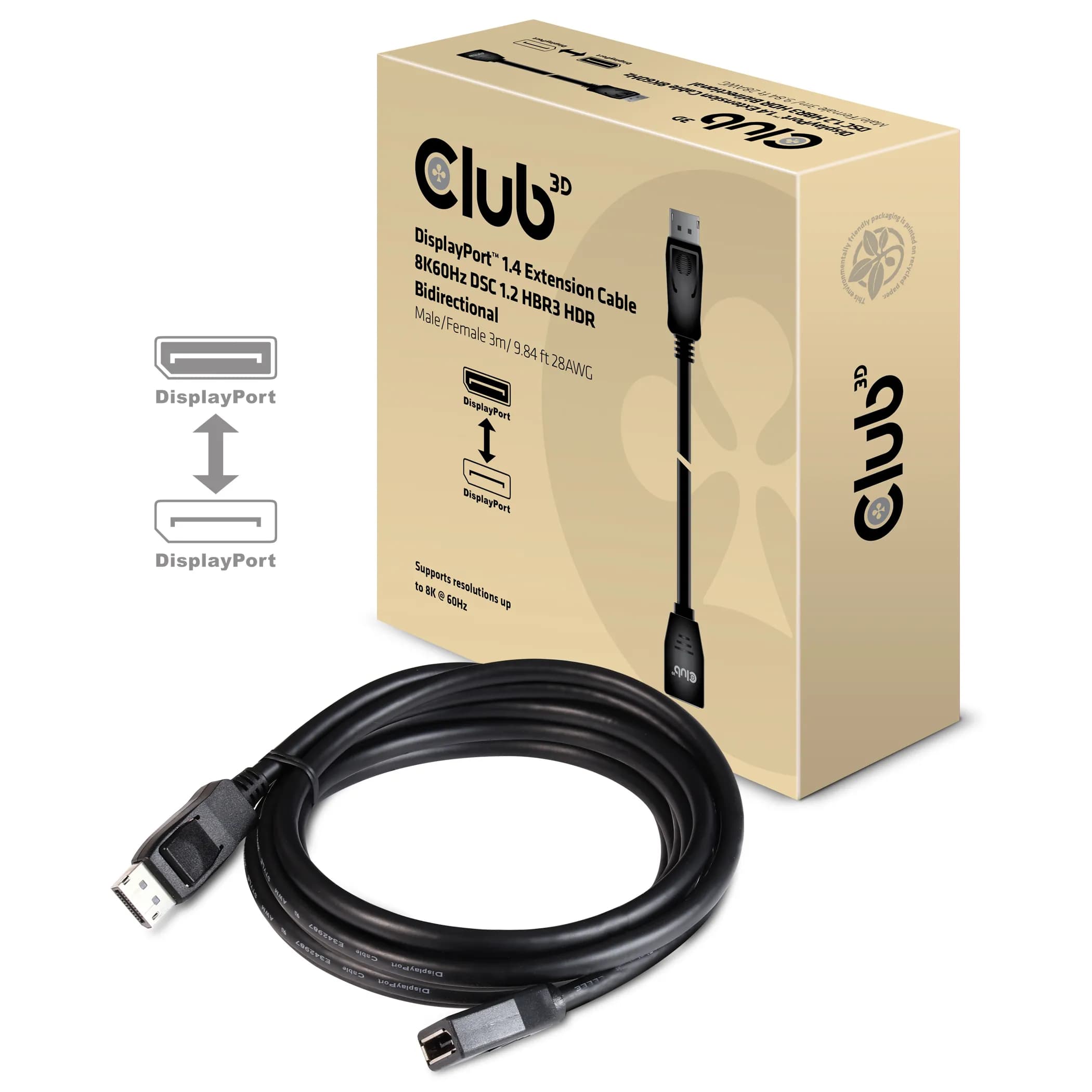 Club 3D DisplayPort 1.4 -jatkokaapeli, jossa 8K, 3 m, musta – Club 3D